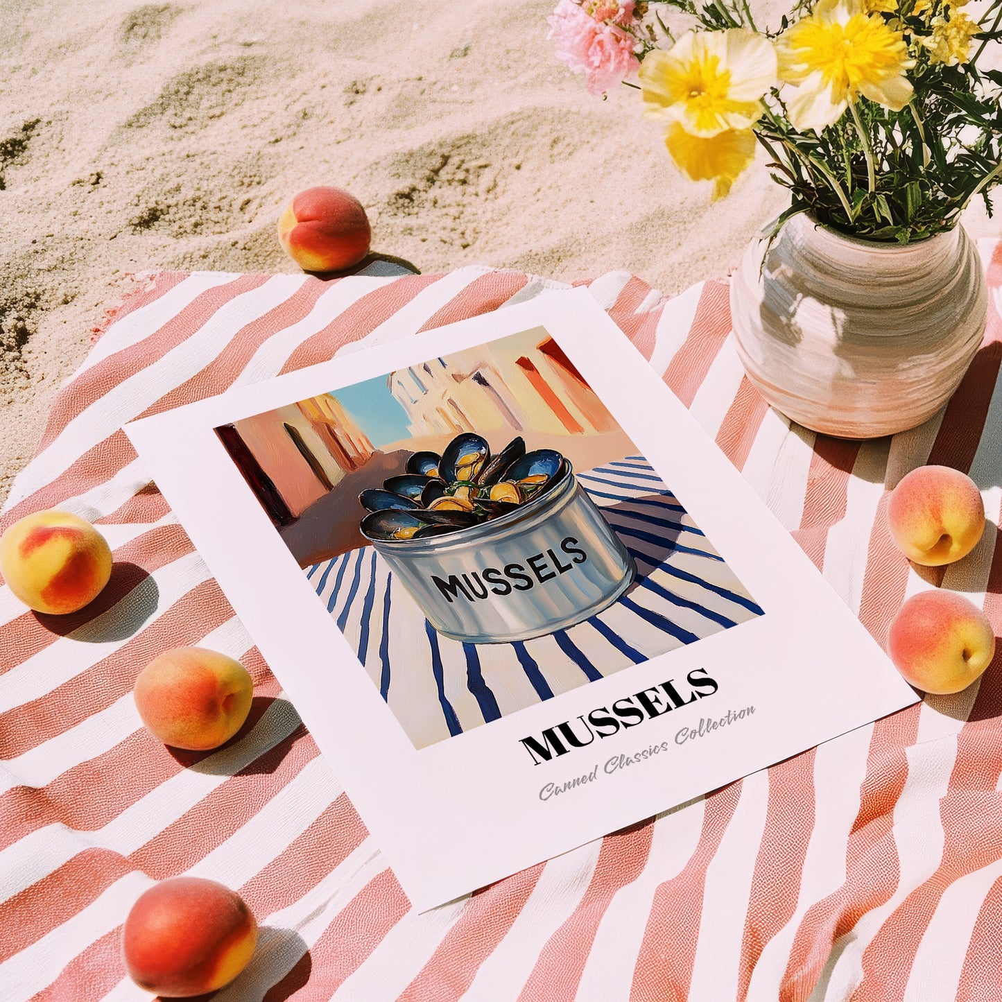 Mussels – Italian Outdoor Café Scene, Canned Food Wall Painting, unframed on coastal sand