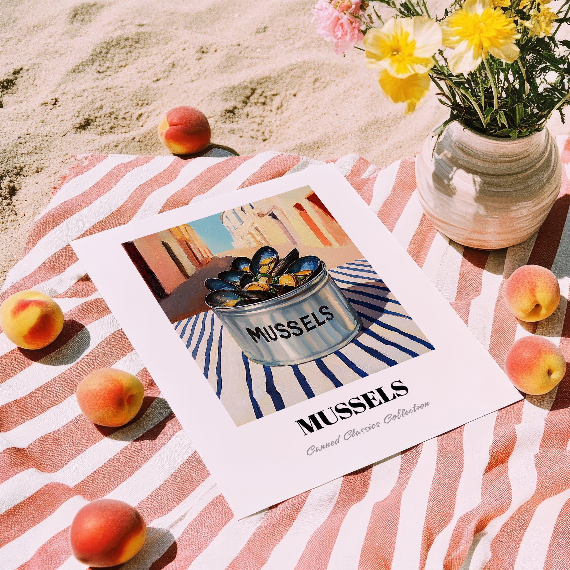 Mussels – Italian Outdoor Café Scene, Canned Food Wall Painting, unframed on coastal sand
