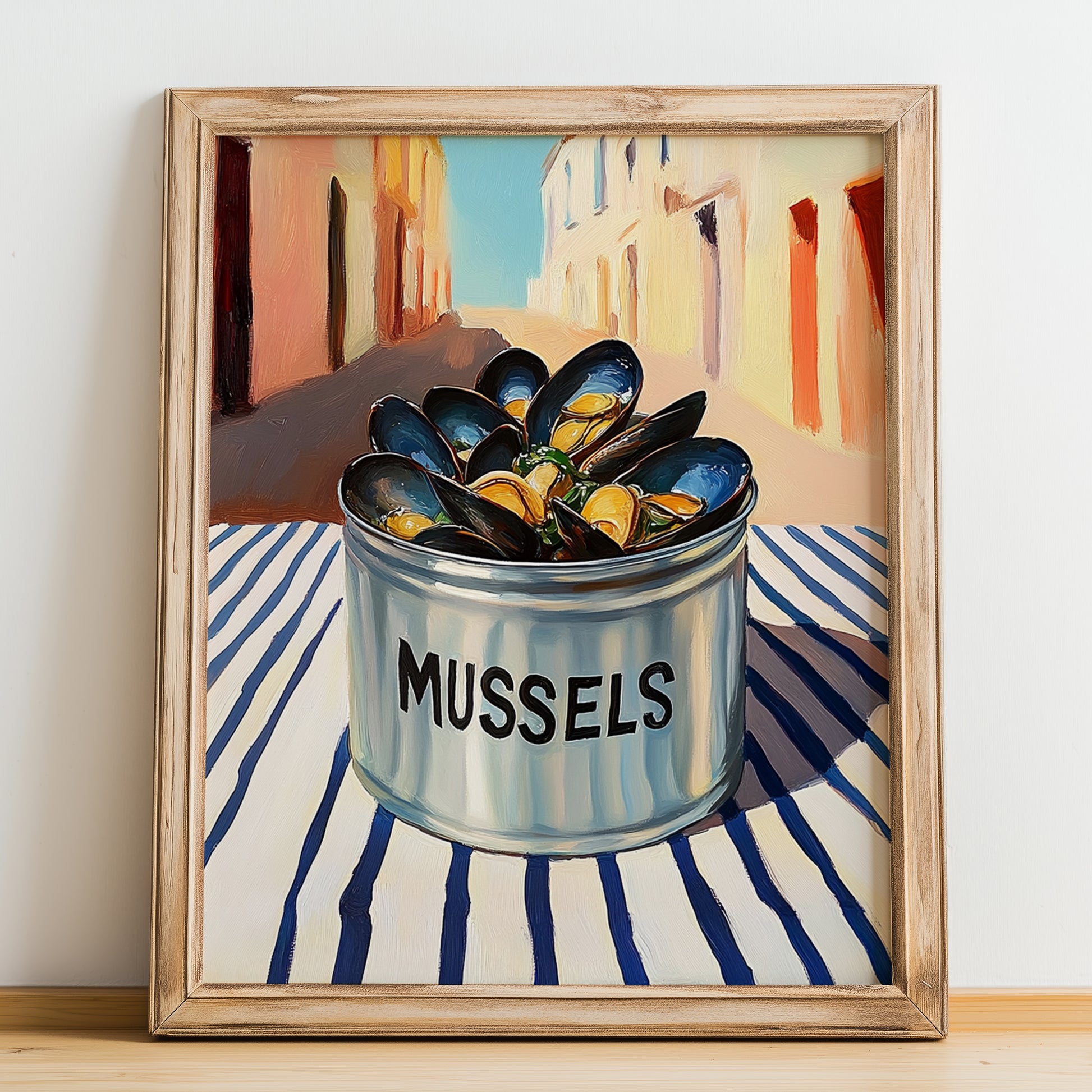 Mussels – Italian Outdoor Café Scene, Canned Food Wall Painting, no-text version framed in wood