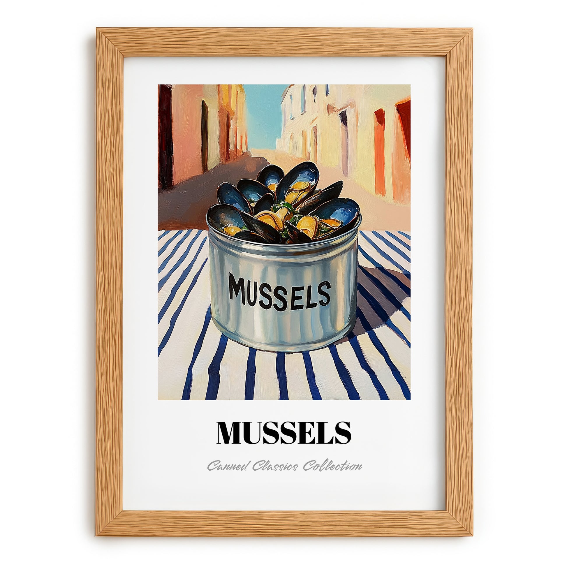 Mussels – Italian Outdoor Café Scene, Canned Food Wall Painting, set in oak frame