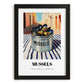 Mussels – Italian Outdoor Café Scene, Canned Food Wall Painting, in sleek black frame
