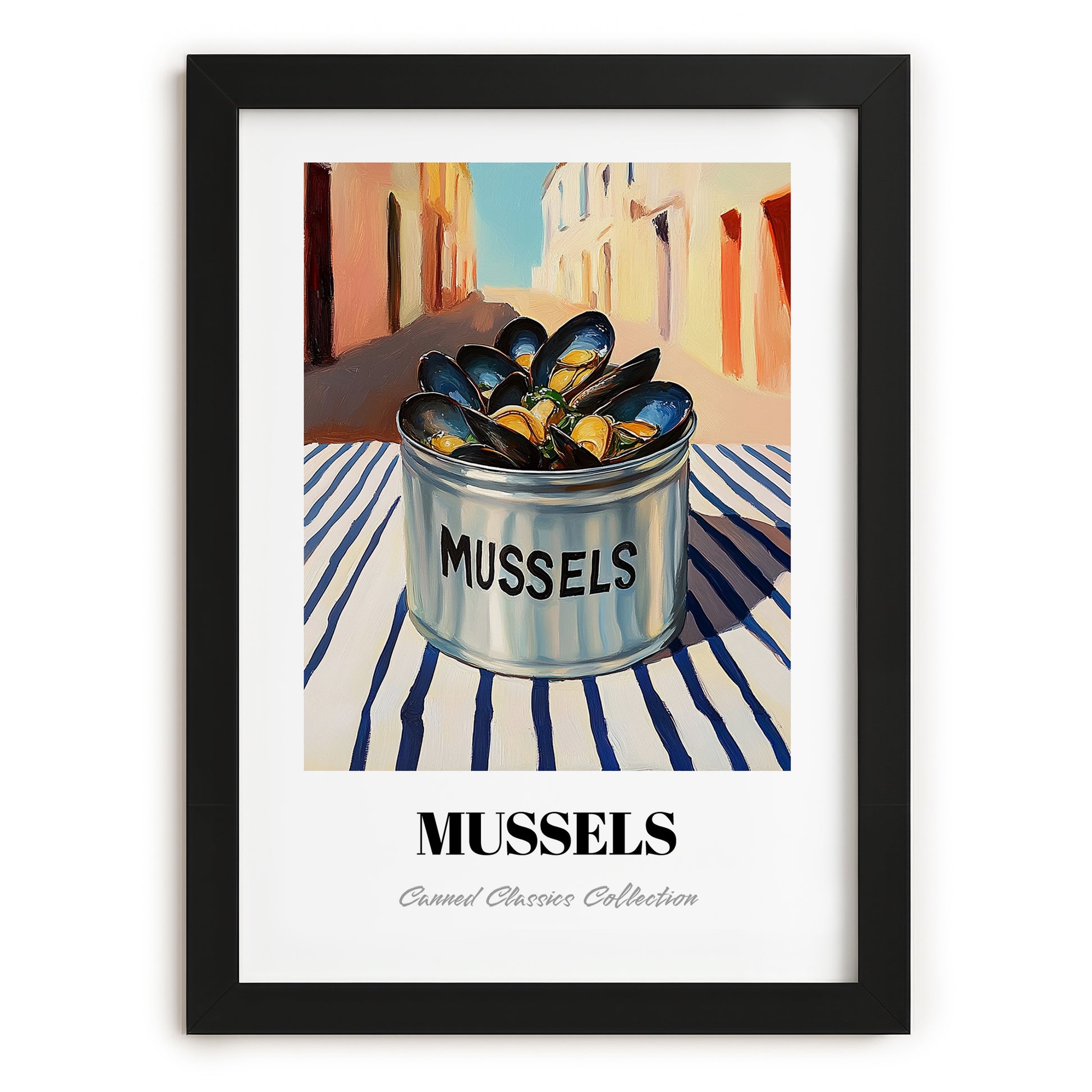 Mussels – Italian Outdoor Café Scene, Canned Food Wall Painting, in sleek black frame