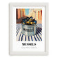 Mussels – Italian Outdoor Café Scene, Canned Food Wall Painting, placed in minimal white frame