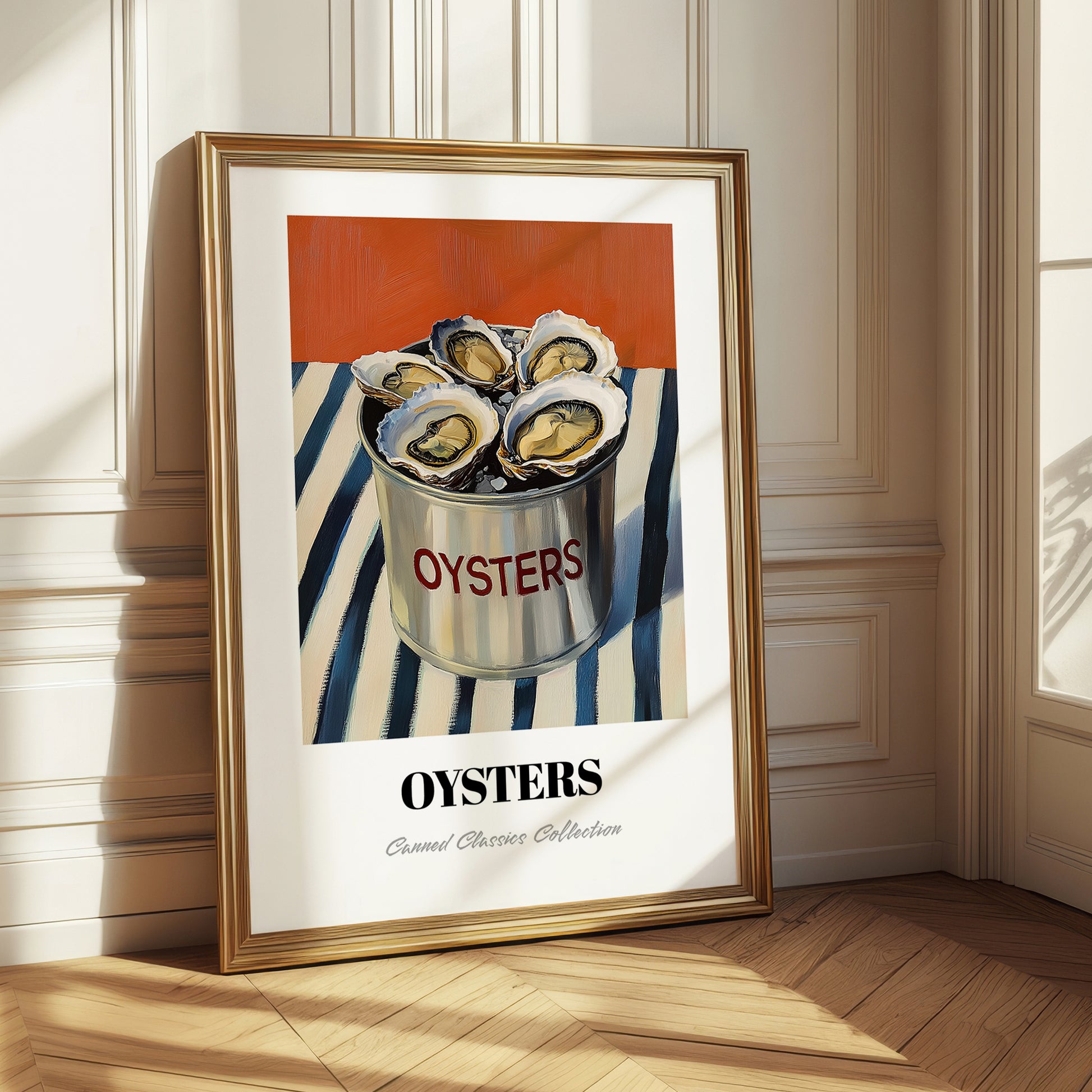 Oysters – on Striped Tablecloth, Canned Food Wall Illustration