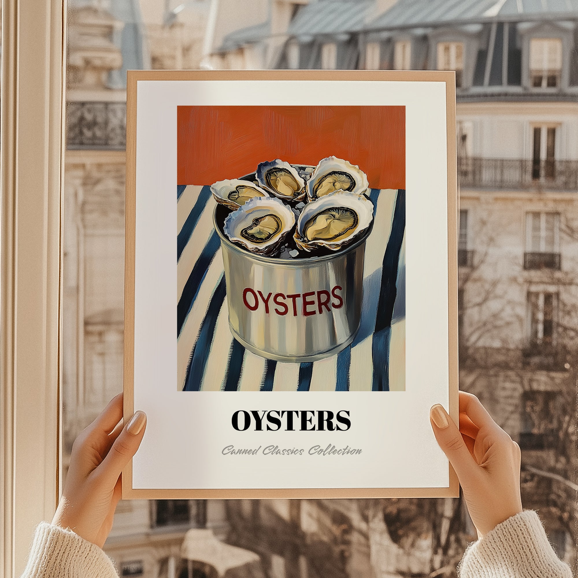 Oysters – on Striped Tablecloth, Canned Food Wall Illustration, styled in a charming Paris street view