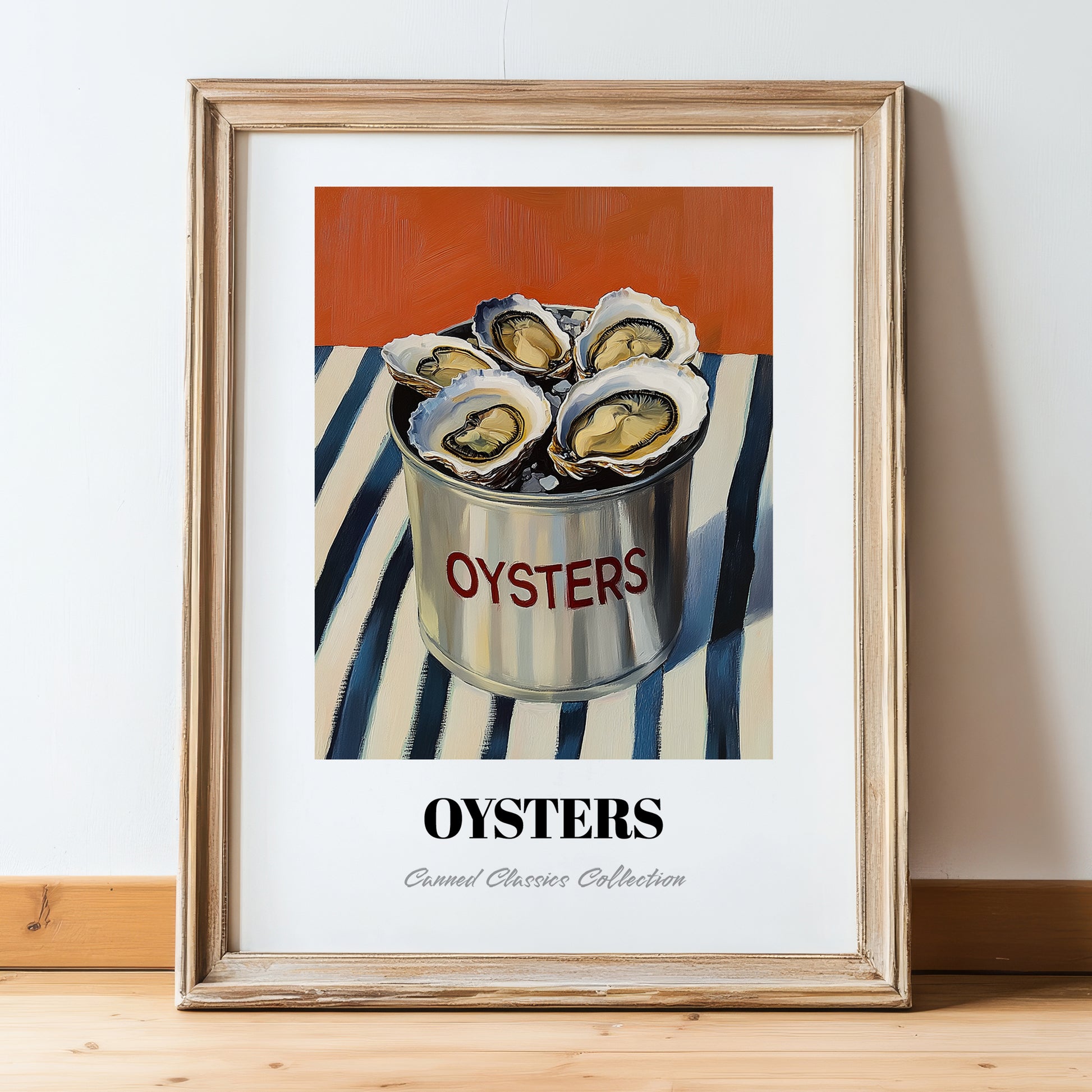 Oysters – on Striped Tablecloth, Canned Food Wall Illustration, in wooden frame leaning on the floor