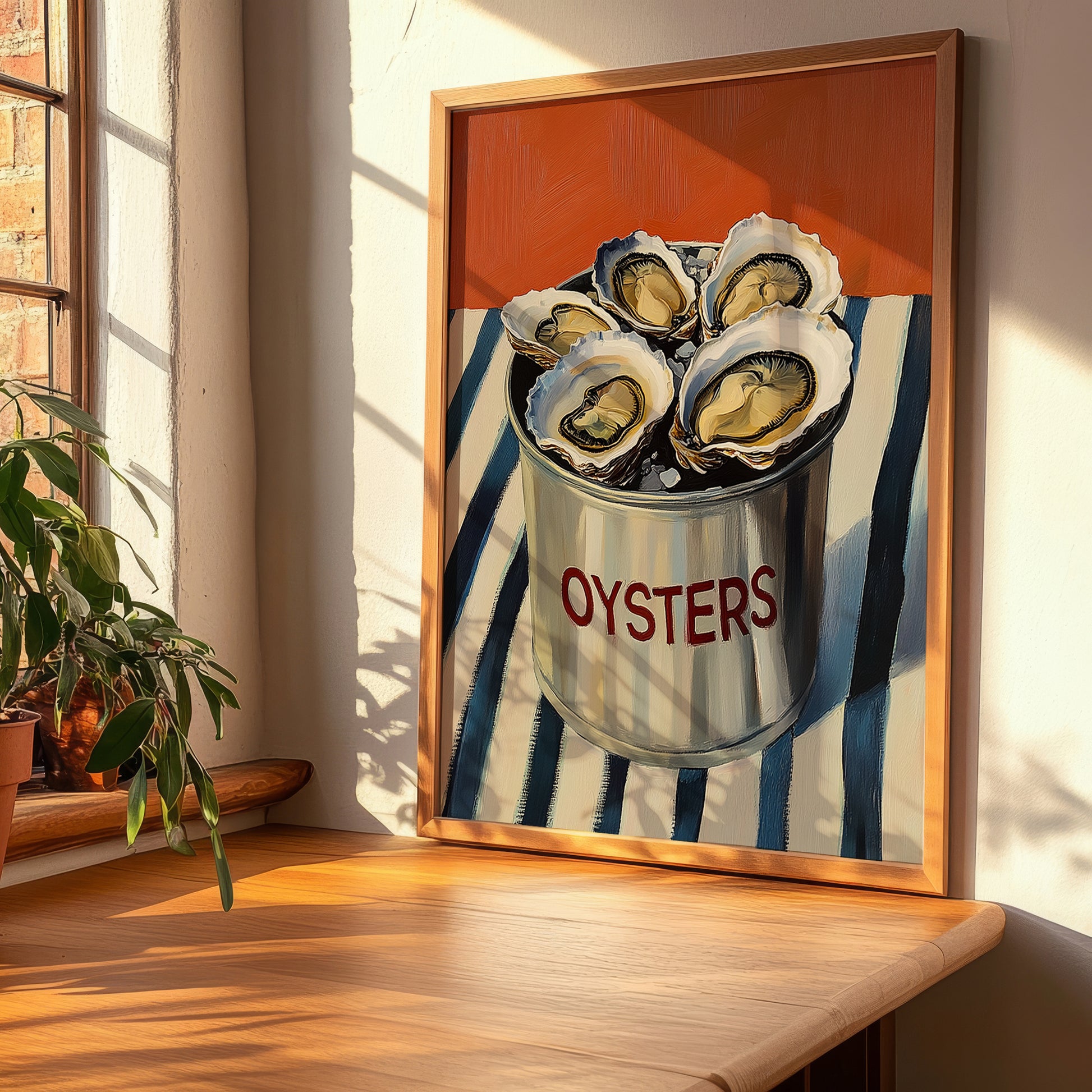 Oysters – on Striped Tablecloth, Canned Food Wall Illustration, clean layout with no caption
