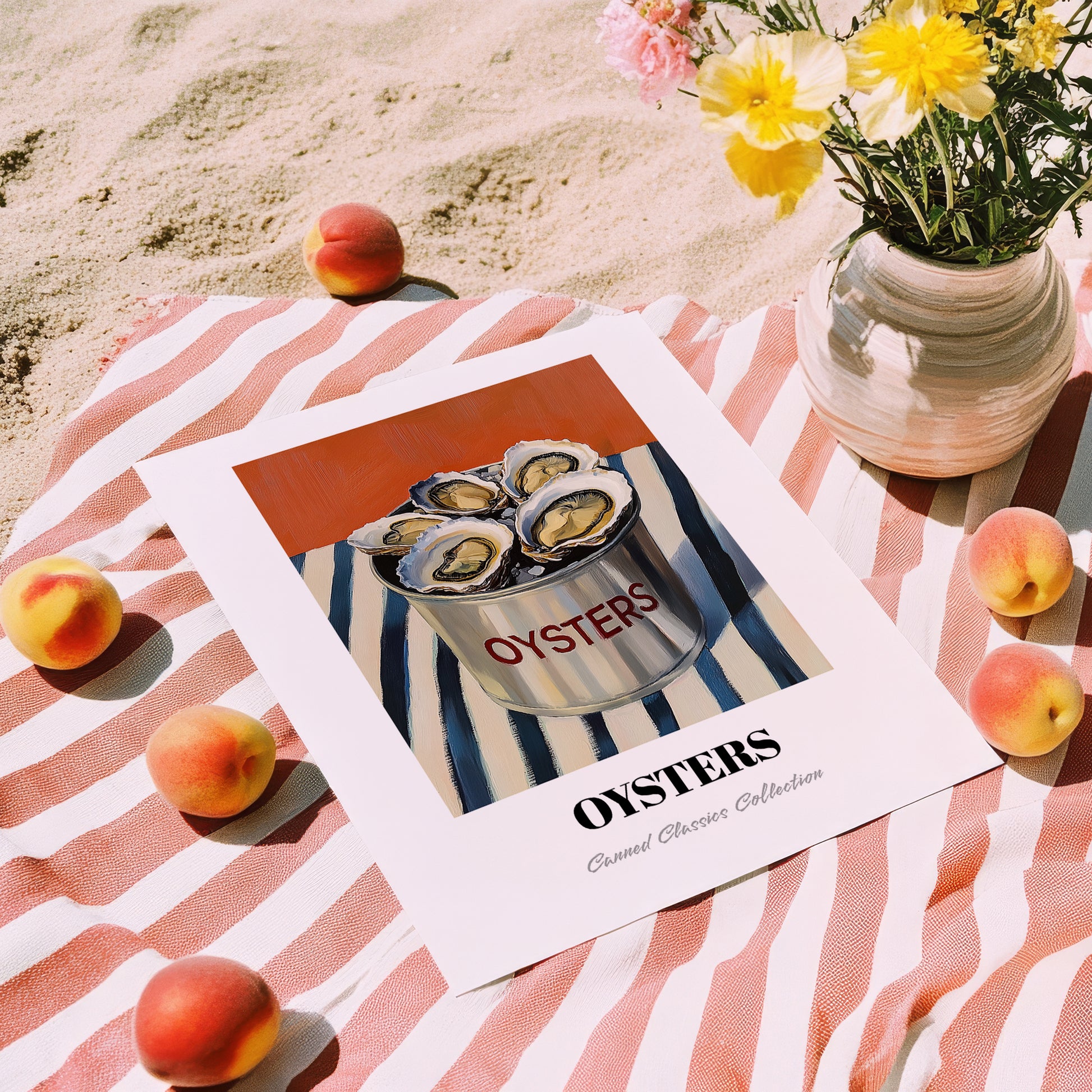 Oysters – on Striped Tablecloth, Canned Food Wall Illustration, unframed on coastal sand