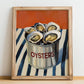 Oysters – on Striped Tablecloth, Canned Food Wall Illustration, no-text version framed in wood