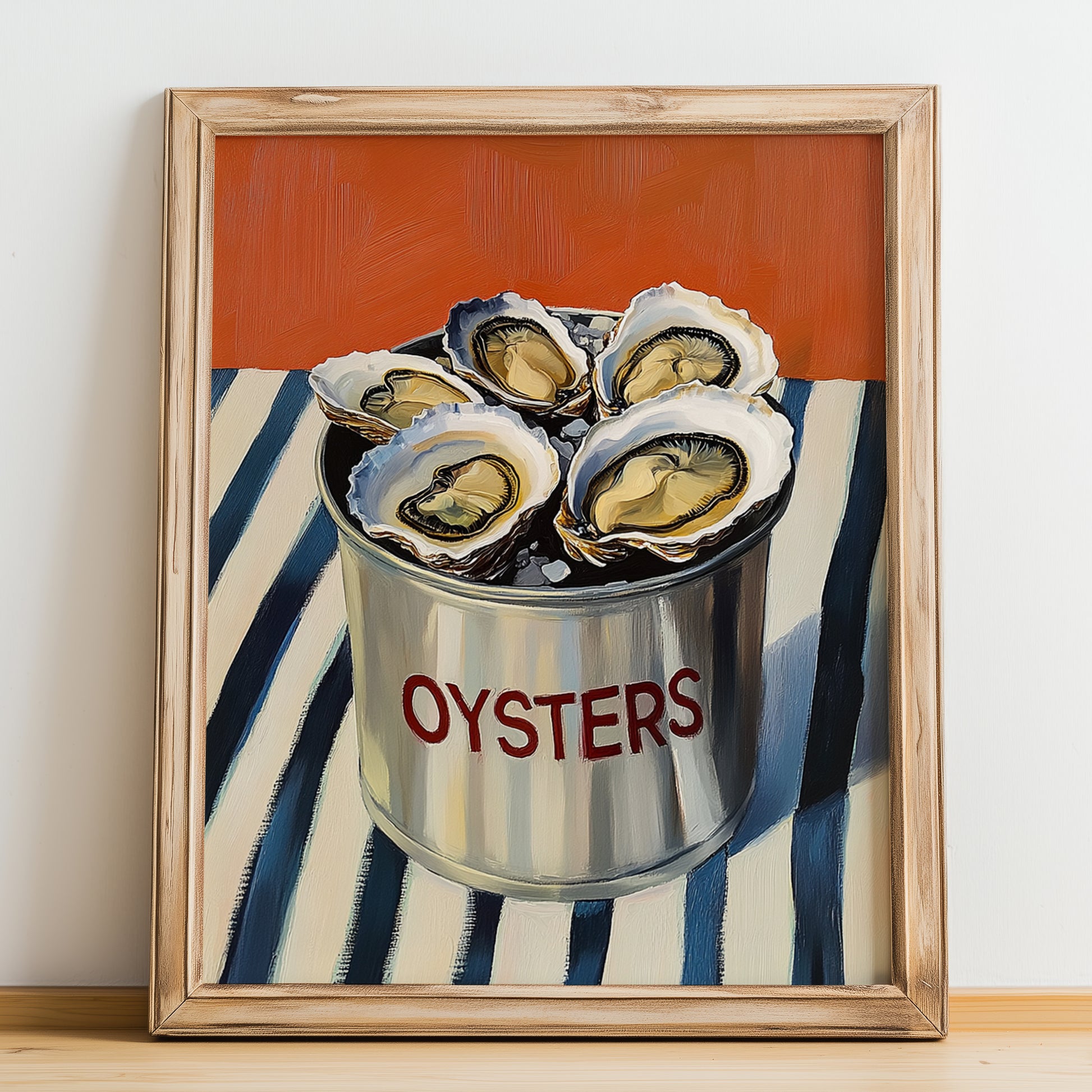 Oysters – on Striped Tablecloth, Canned Food Wall Illustration, no-text version framed in wood