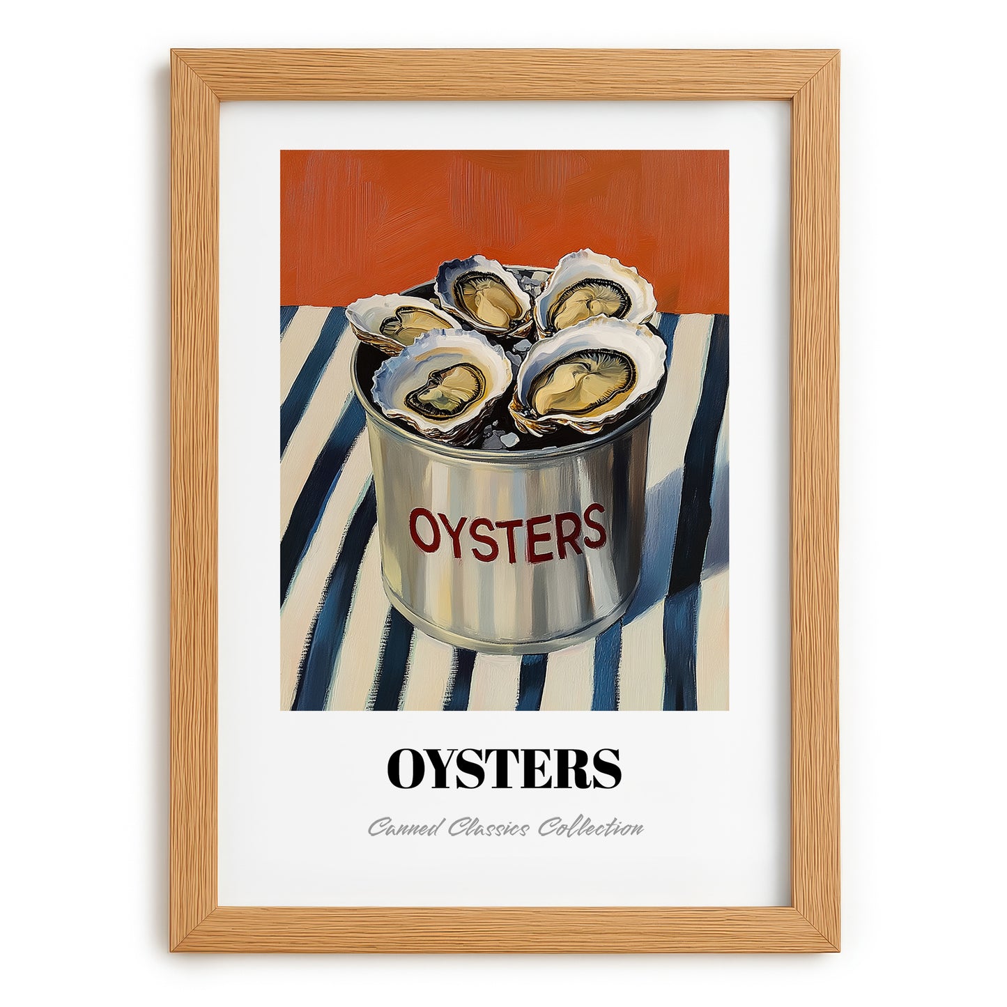 Oysters – on Striped Tablecloth, Canned Food Wall Illustration, set in oak frame