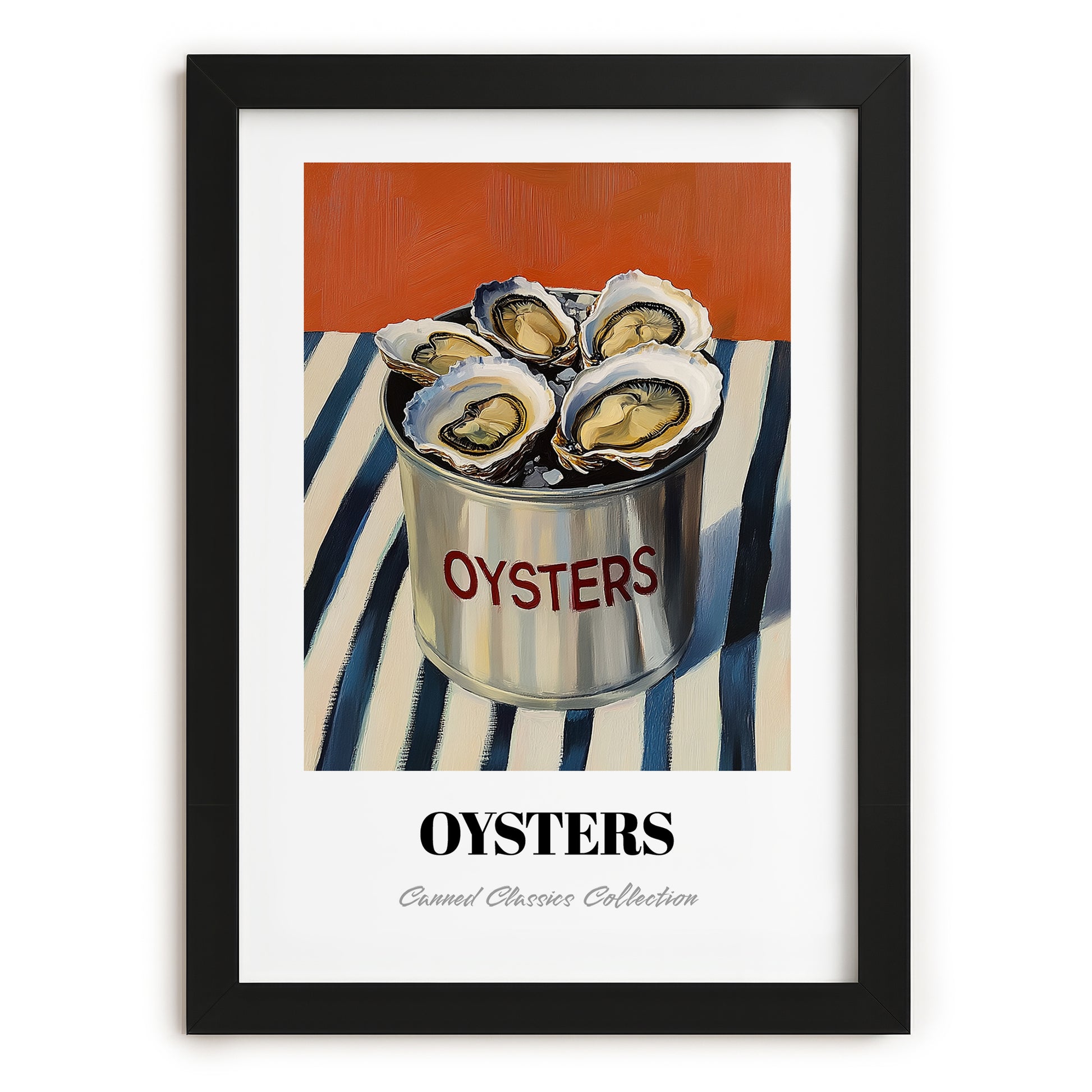 Oysters – on Striped Tablecloth, Canned Food Wall Illustration, in sleek black frame
