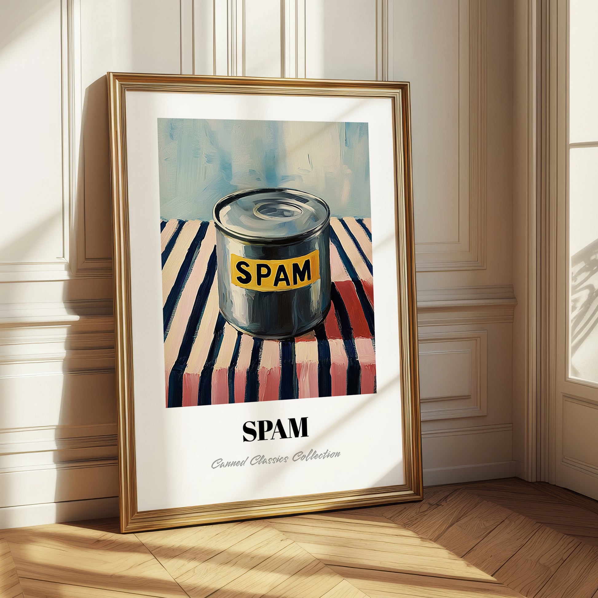 Spam – on Striped Tablecloth, Canned Food Painting