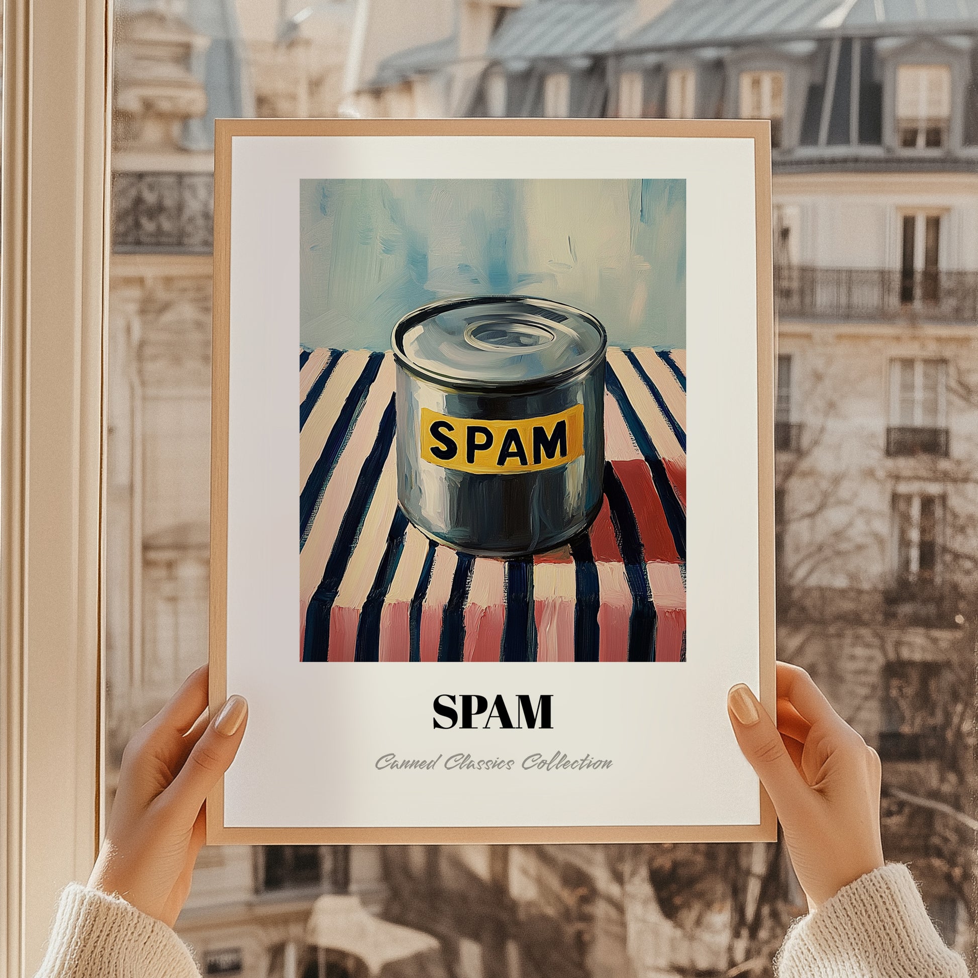 Spam – on Striped Tablecloth, Canned Food Painting, styled in a charming Paris street view