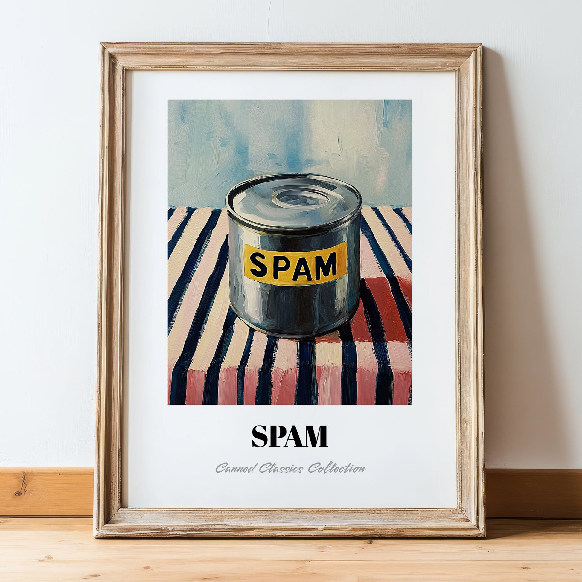 Spam – on Striped Tablecloth, Canned Food Painting, in wooden frame leaning on the floor