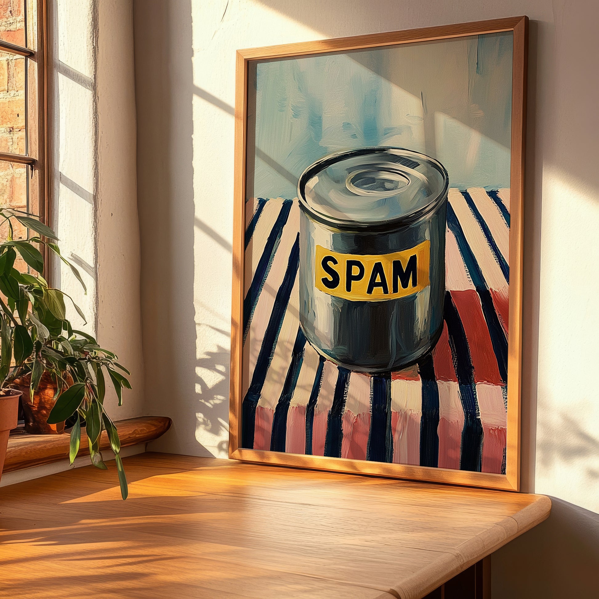 Spam – on Striped Tablecloth, Canned Food Painting, clean layout with no caption