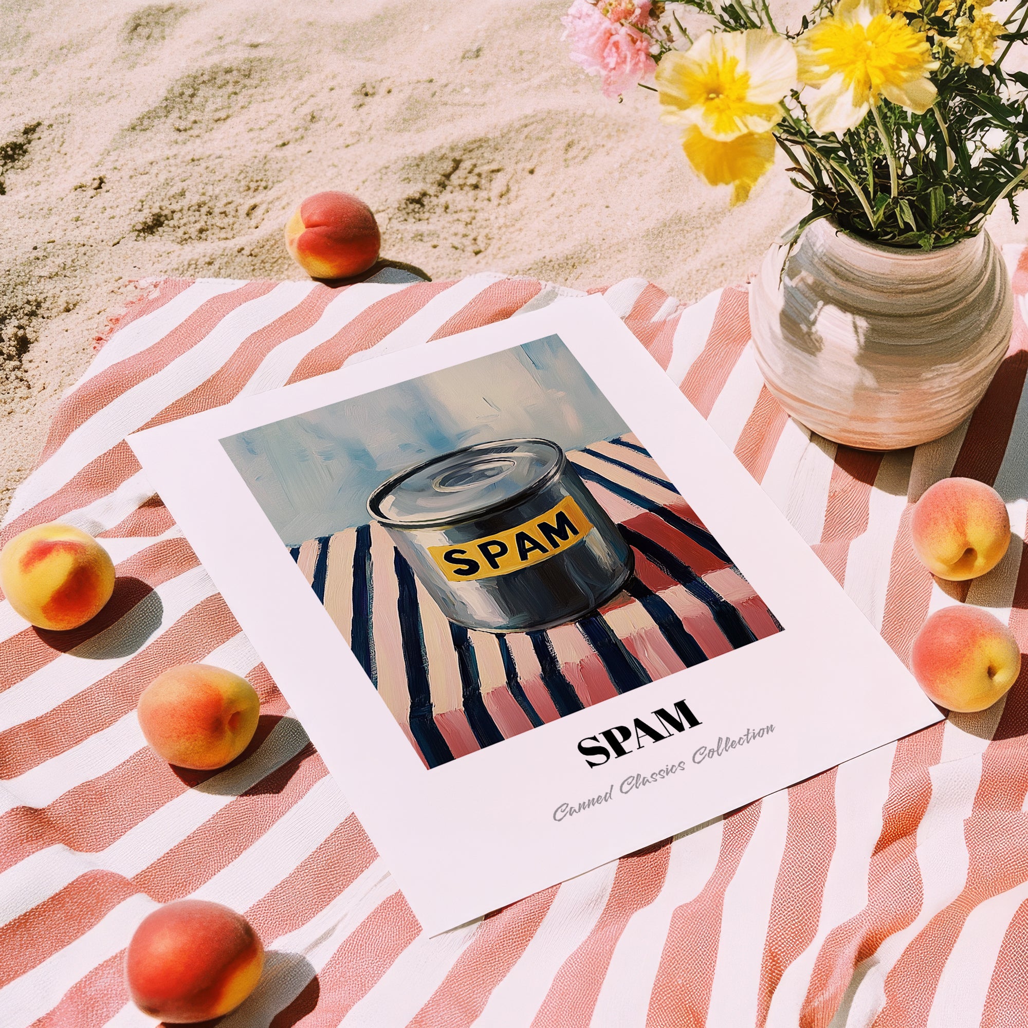 Spam – on Striped Tablecloth, Canned Food Painting, unframed on coastal sand
