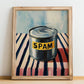 Spam – on Striped Tablecloth, Canned Food Painting, no-text version framed in wood