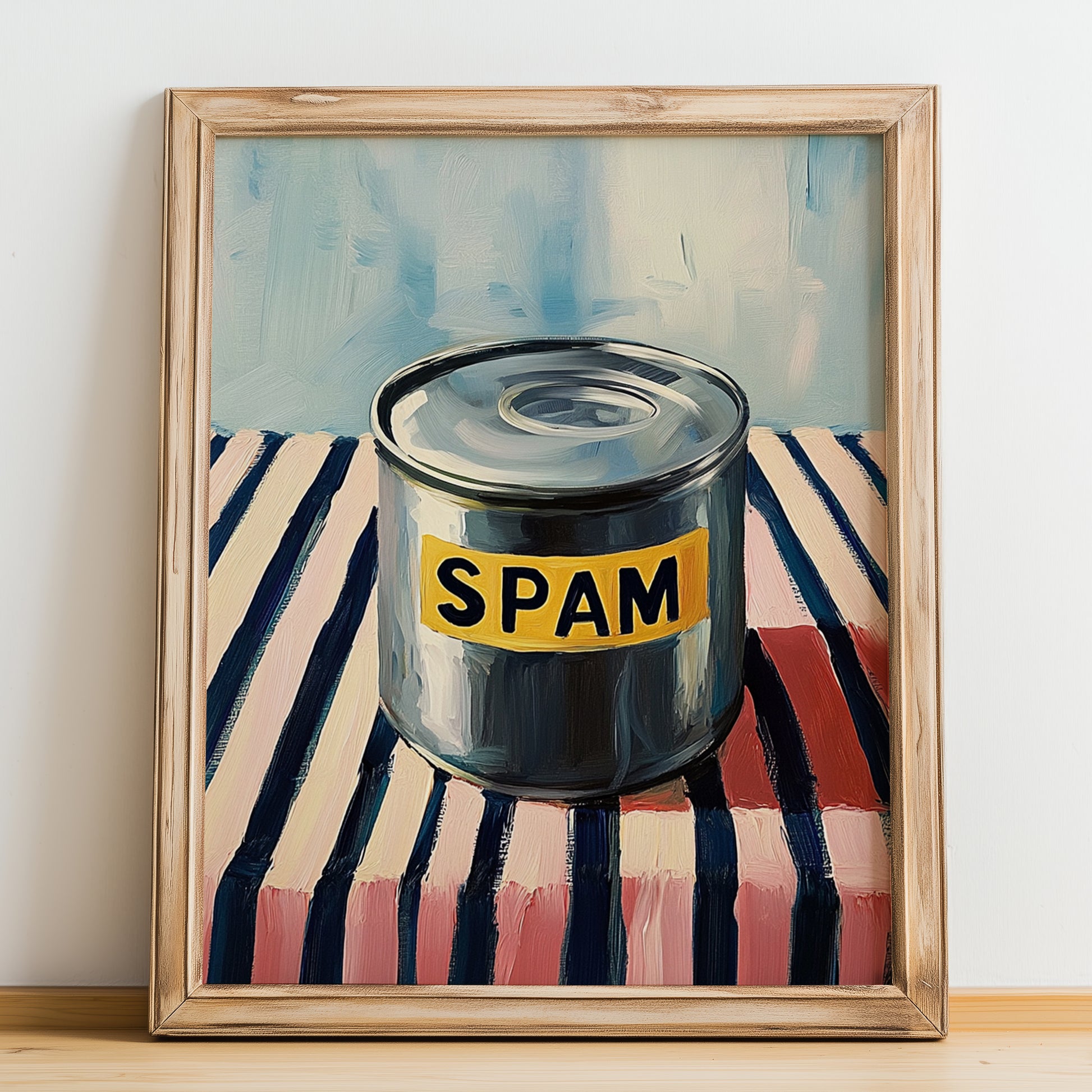 Spam – on Striped Tablecloth, Canned Food Painting, no-text version framed in wood