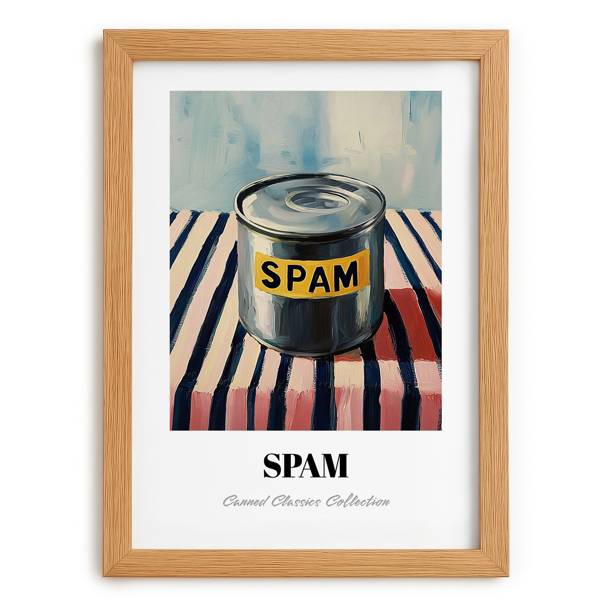 Spam – on Striped Tablecloth, Canned Food Painting, set in oak frame