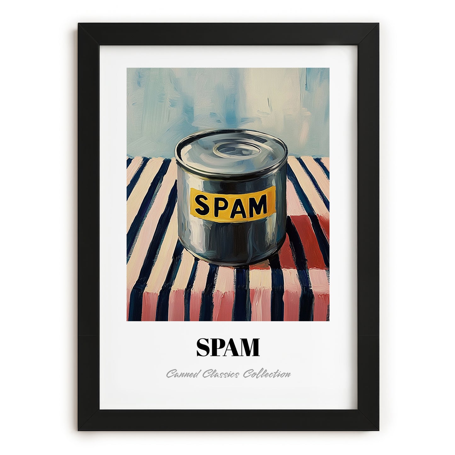 Spam – on Striped Tablecloth, Canned Food Painting, in sleek black frame