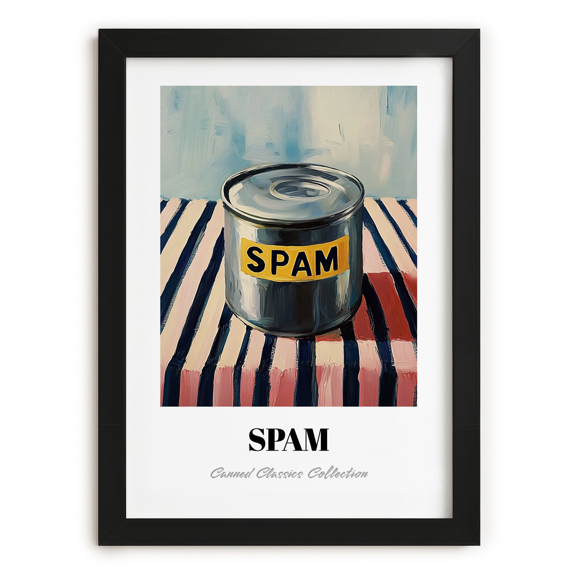 Spam – on Striped Tablecloth, Canned Food Painting, in sleek black frame