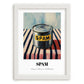 Spam – on Striped Tablecloth, Canned Food Painting, placed in minimal white frame
