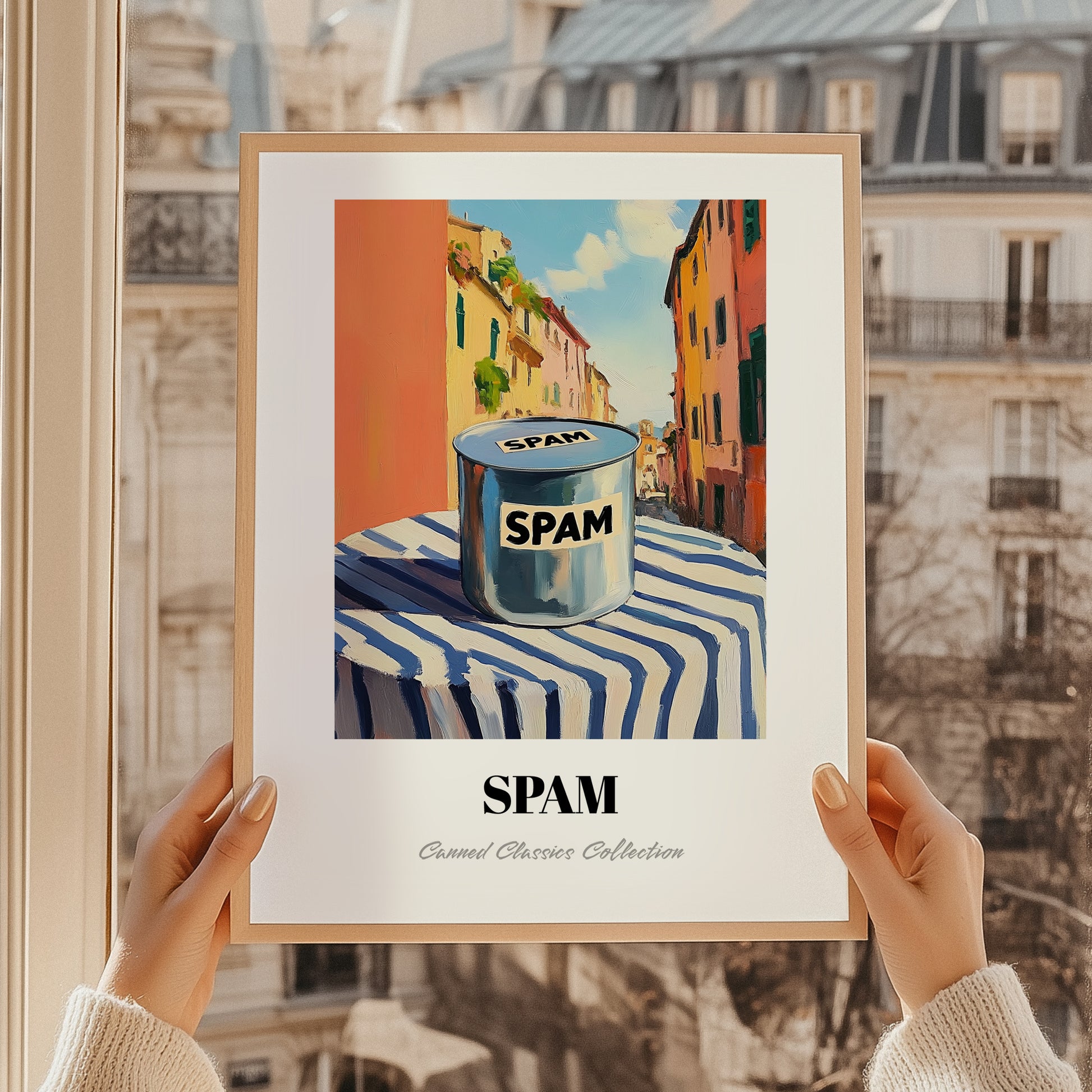 Spam – Italian Urban Café Scene, Canned Food Poster, styled in a charming Paris street view