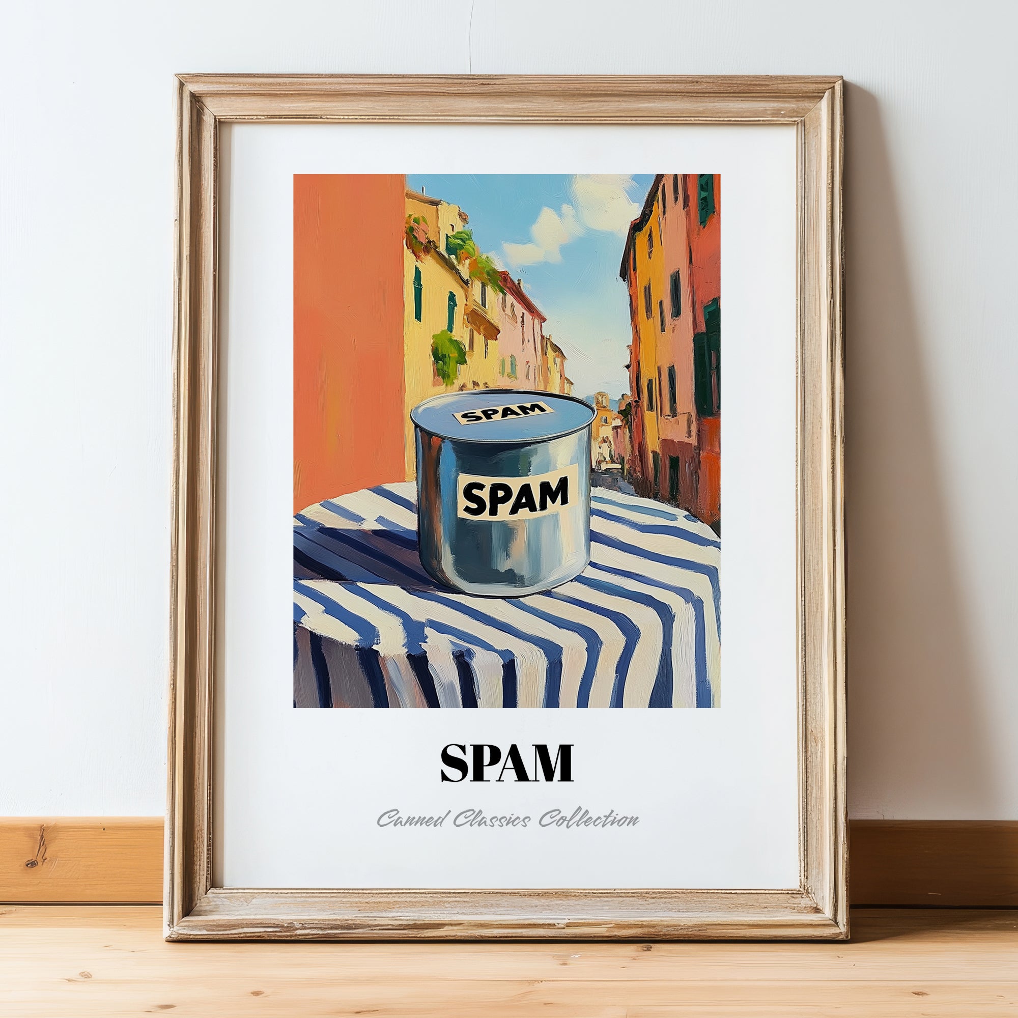 Spam – Italian Urban Café Scene, Canned Food Poster, in wooden frame leaning on the floor