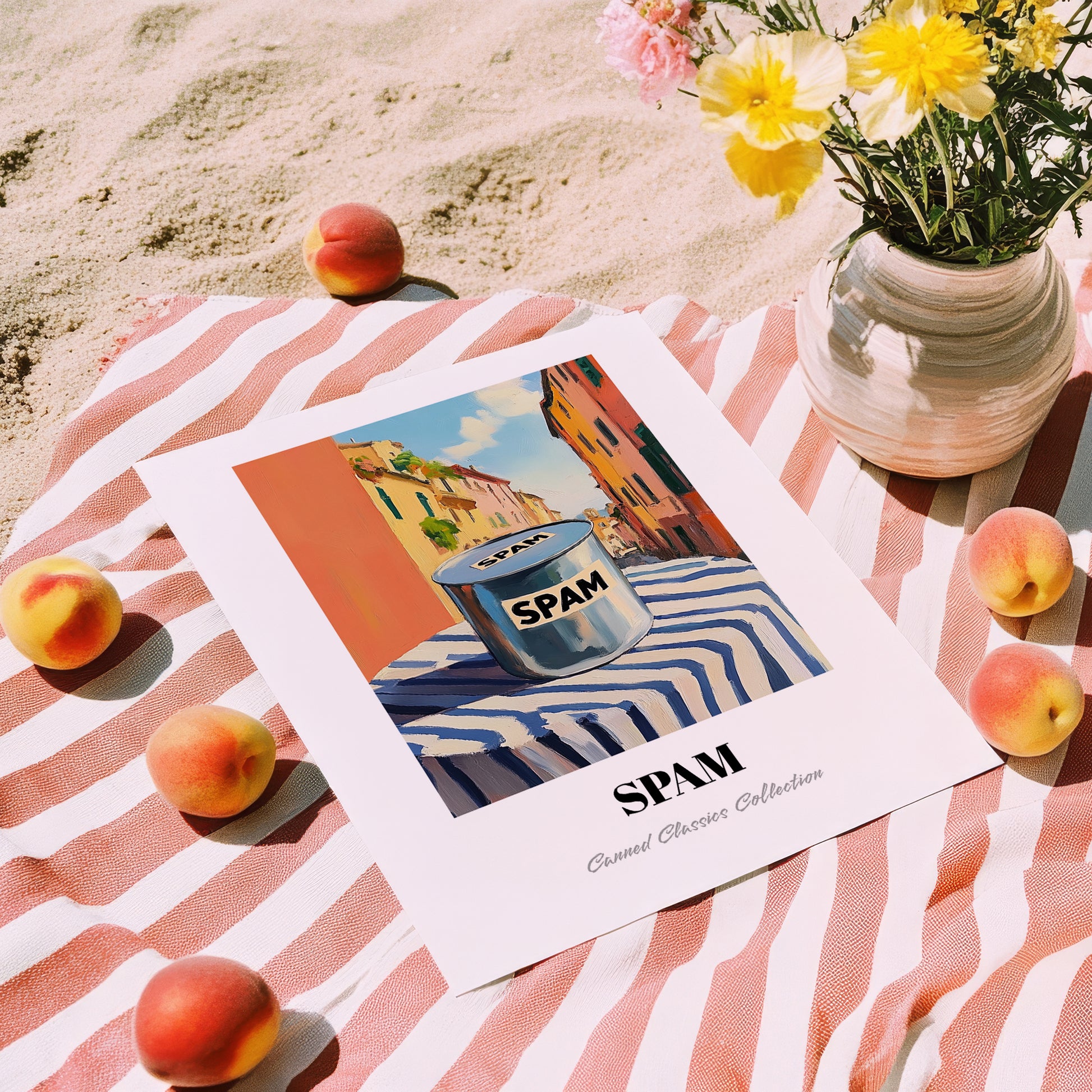 Spam – Italian Urban Café Scene, Canned Food Poster, unframed on coastal sand