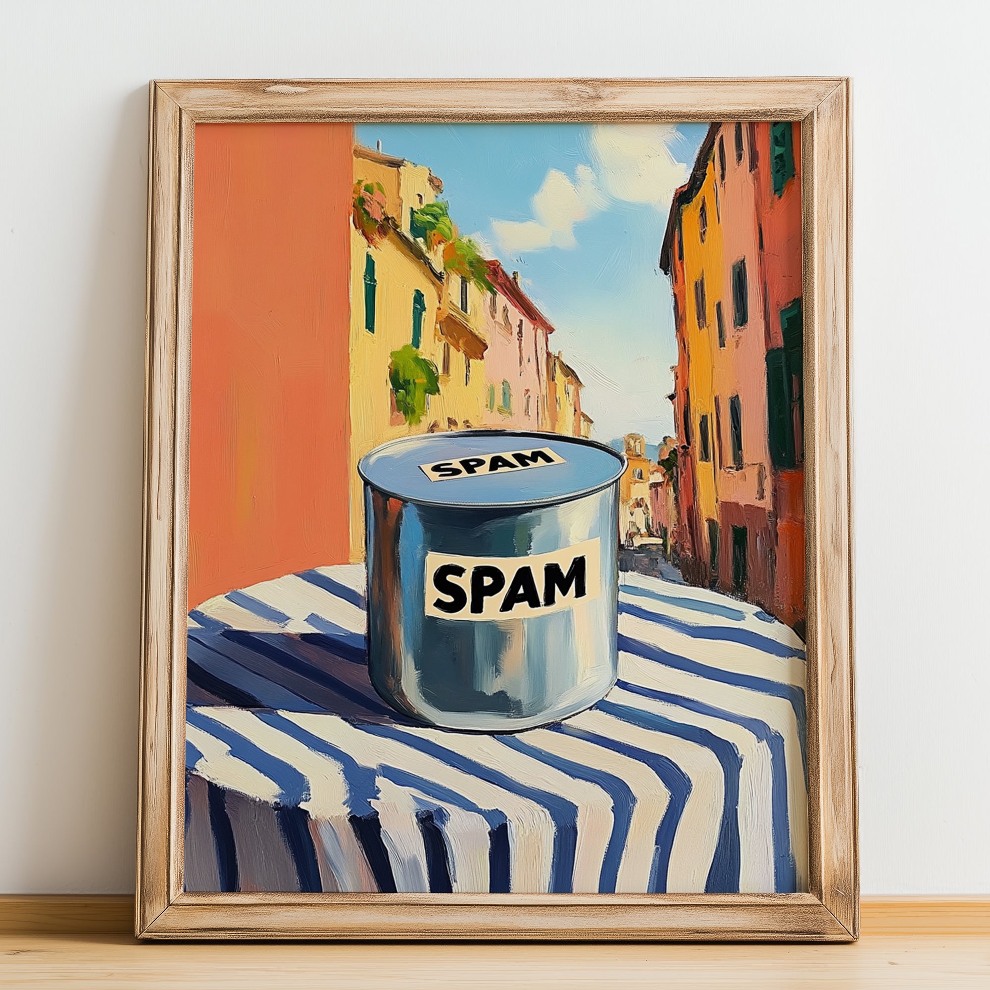 Spam – Italian Urban Café Scene, Canned Food Poster, no-text version framed in wood