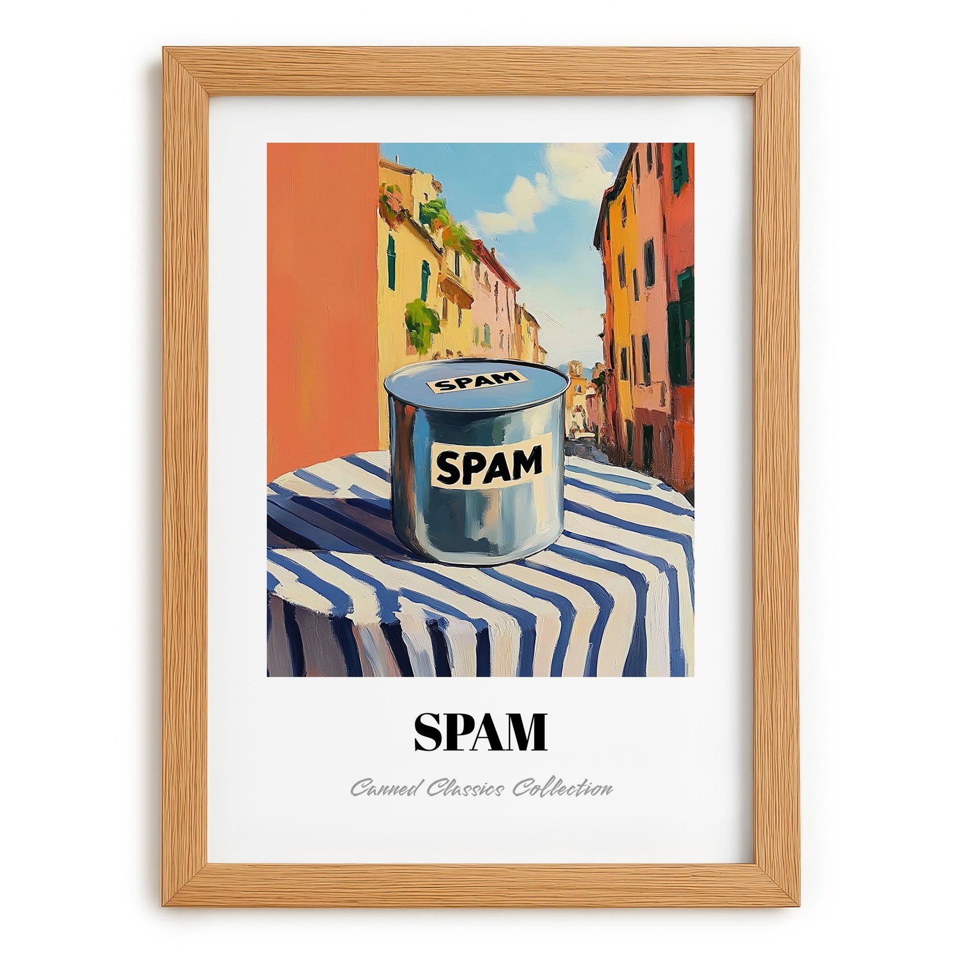 Spam – Italian Urban Café Scene, Canned Food Poster, set in oak frame