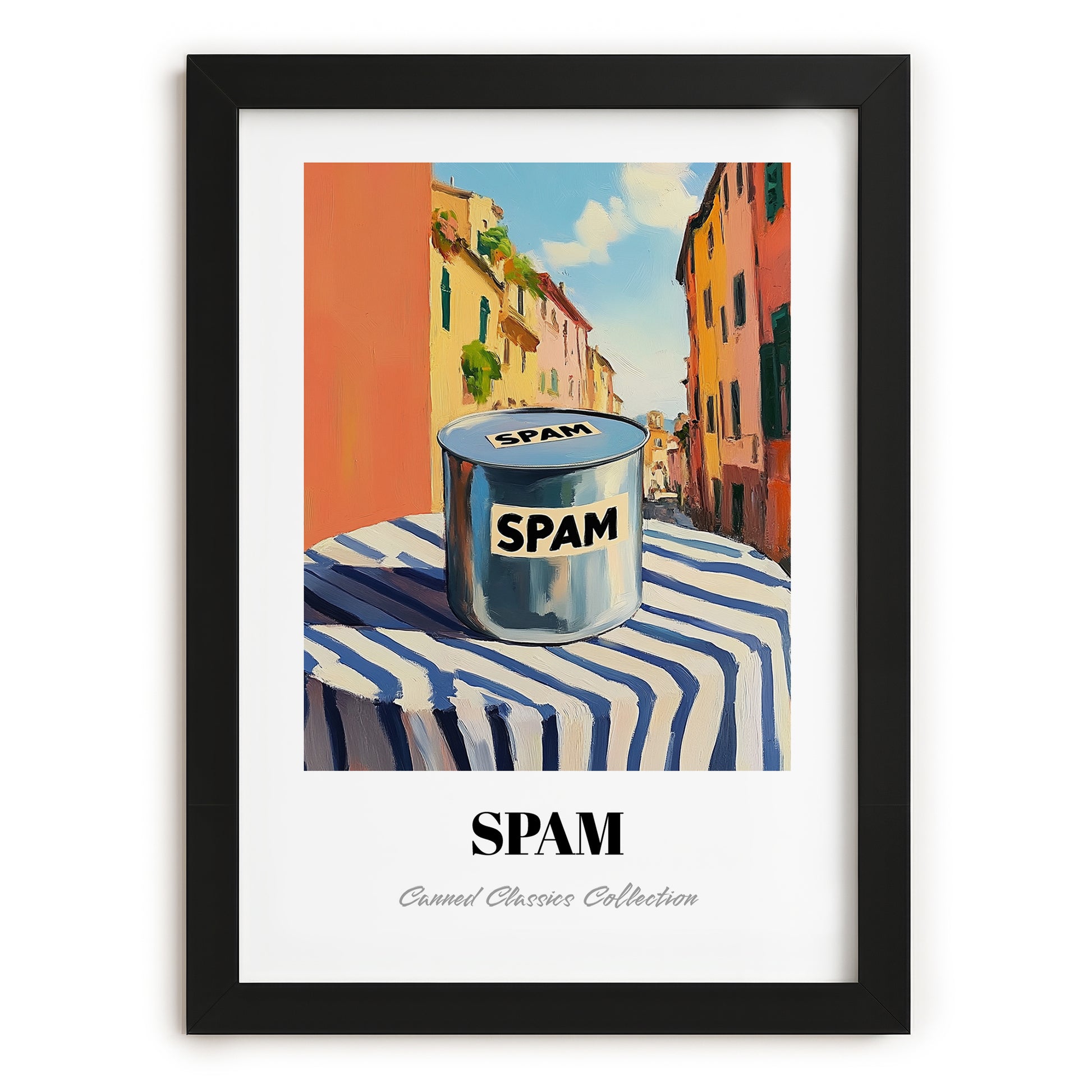 Spam – Italian Urban Café Scene, Canned Food Poster, in sleek black frame