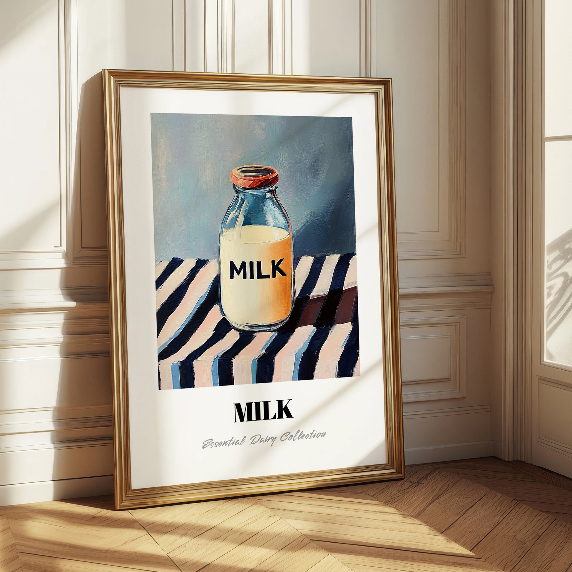 Milk – on Striped Tablecloth, Dairy Painting