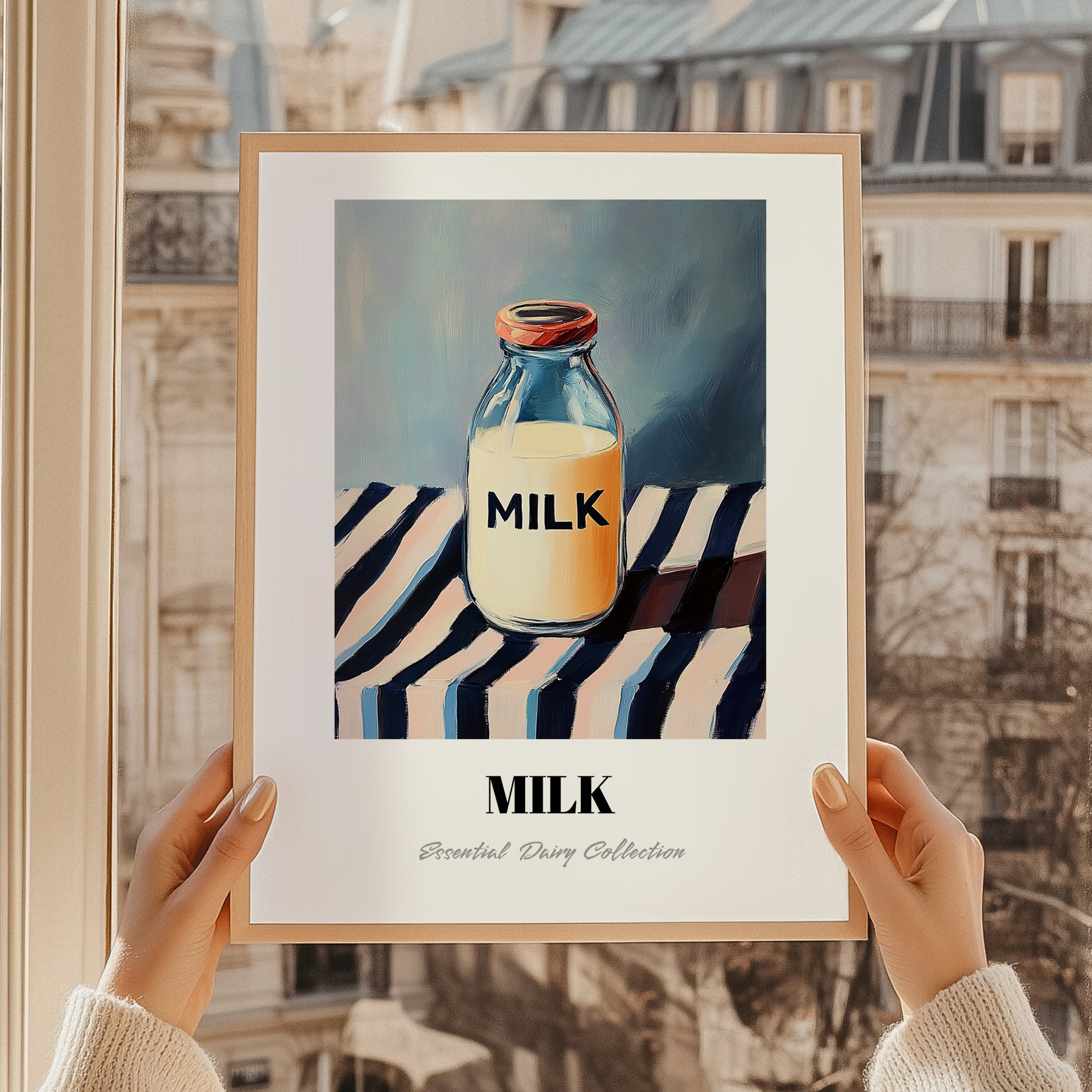 Milk – on Striped Tablecloth, Dairy Painting, styled in a charming Paris street view
