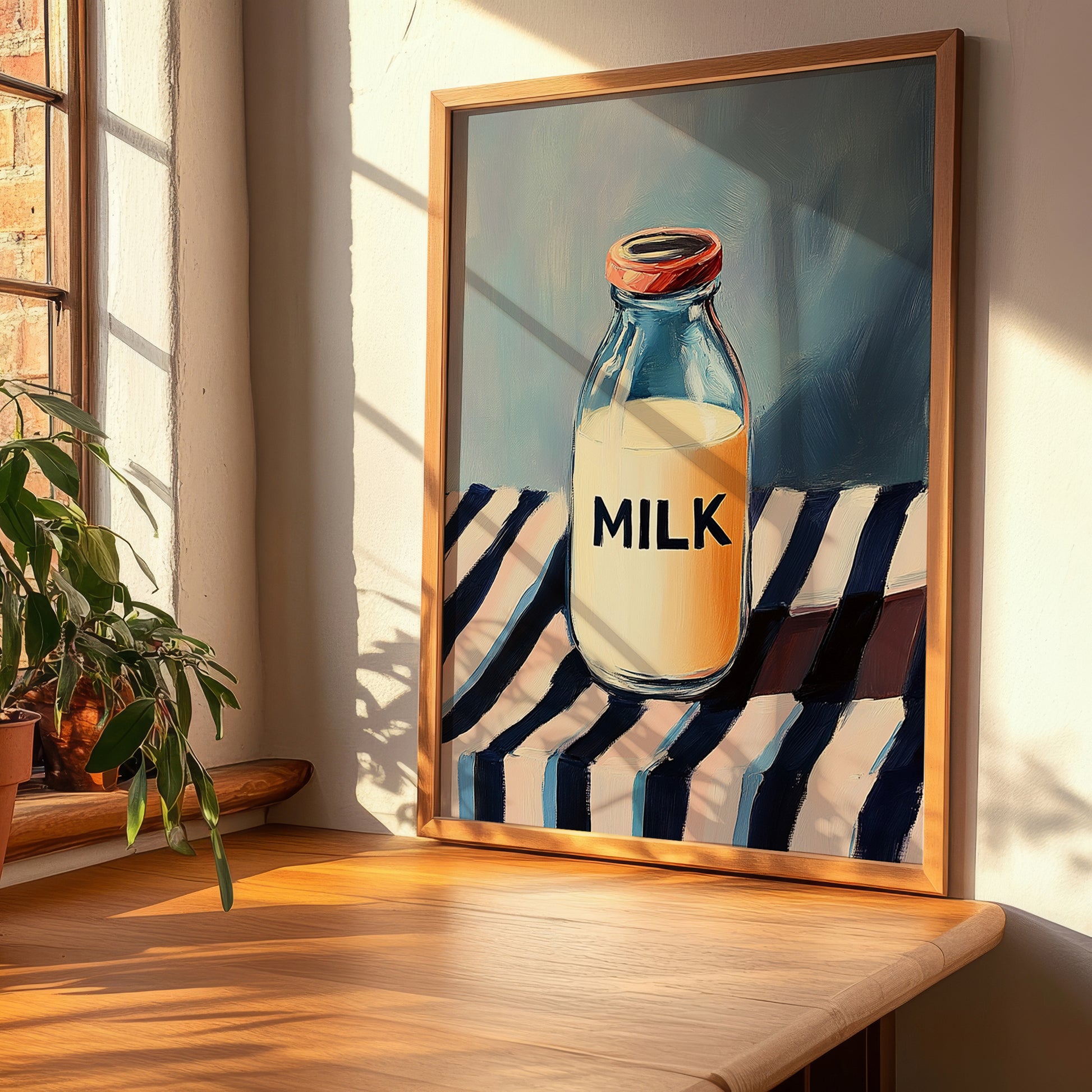 Milk – on Striped Tablecloth, Dairy Painting, clean layout with no caption