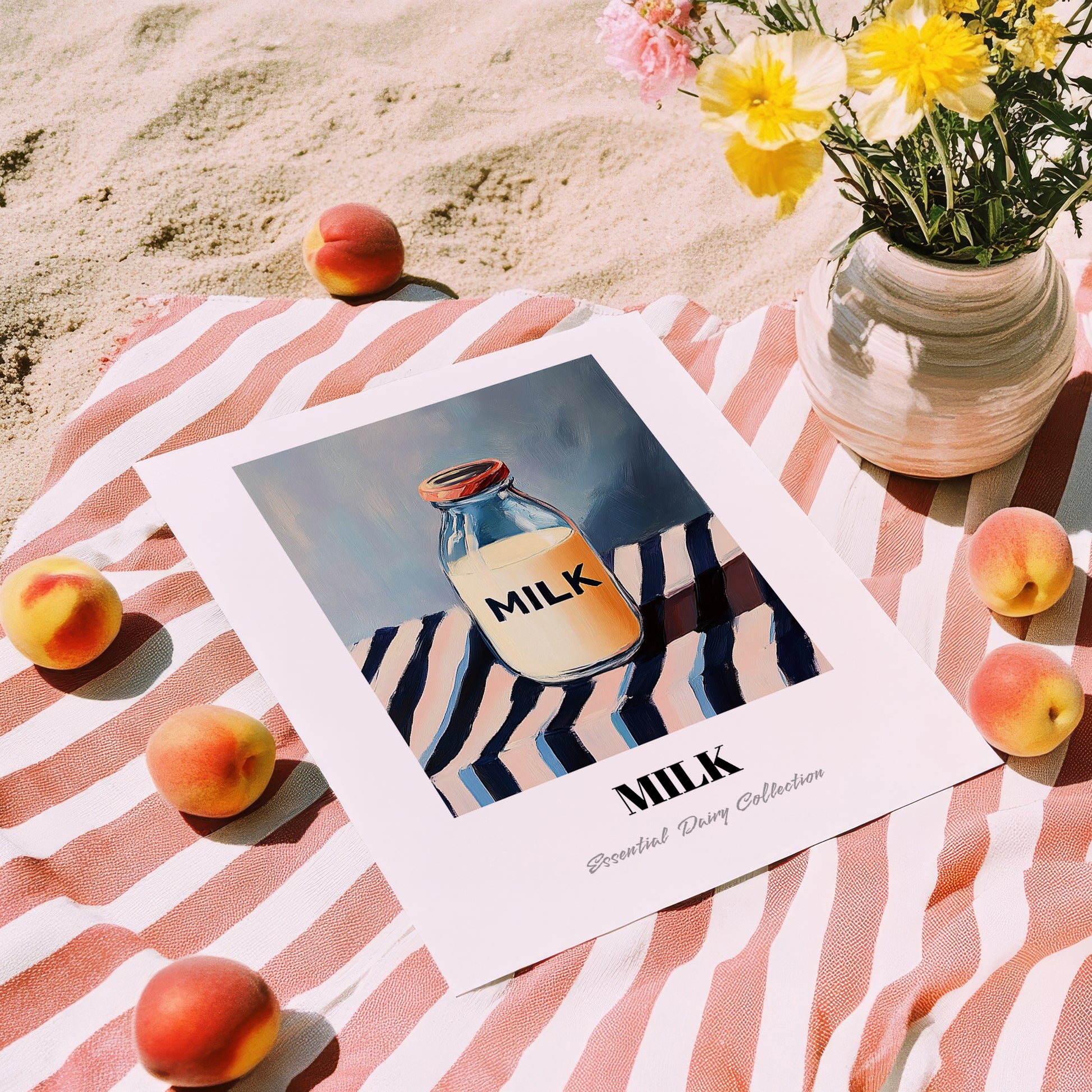 Milk – on Striped Tablecloth, Dairy Painting, unframed on coastal sand