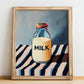 Milk – on Striped Tablecloth, Dairy Painting, no-text version framed in wood