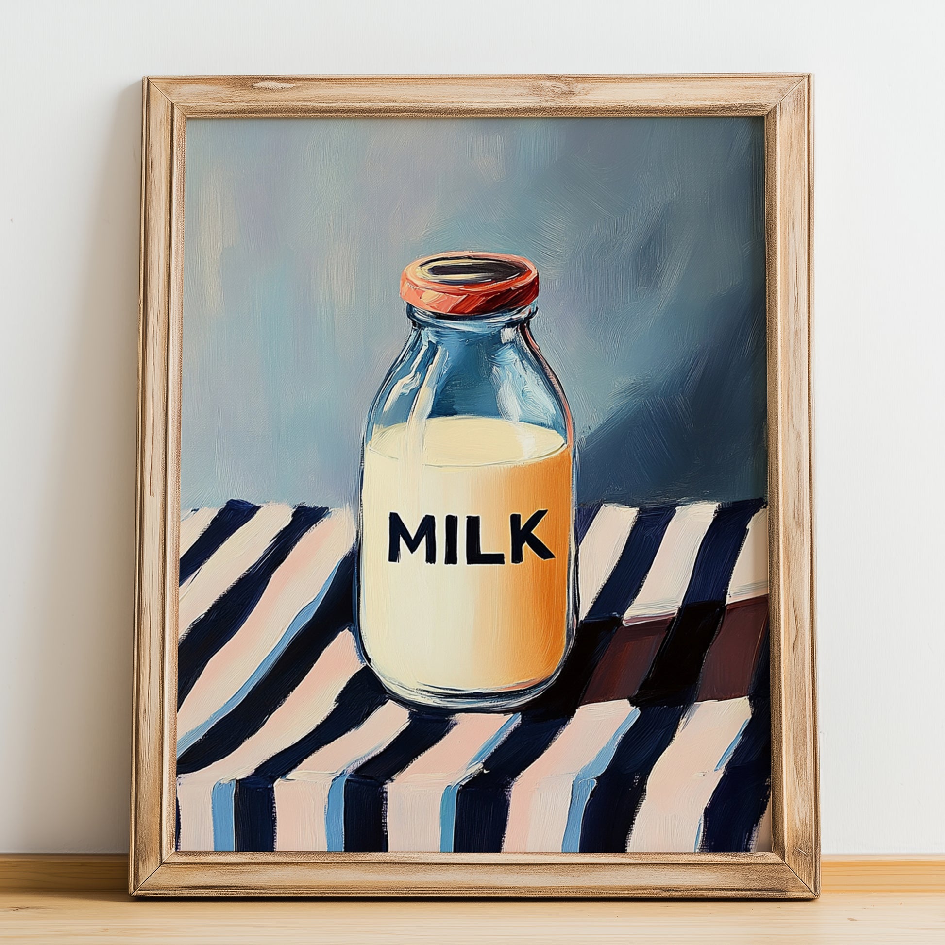 Milk – on Striped Tablecloth, Dairy Painting, no-text version framed in wood