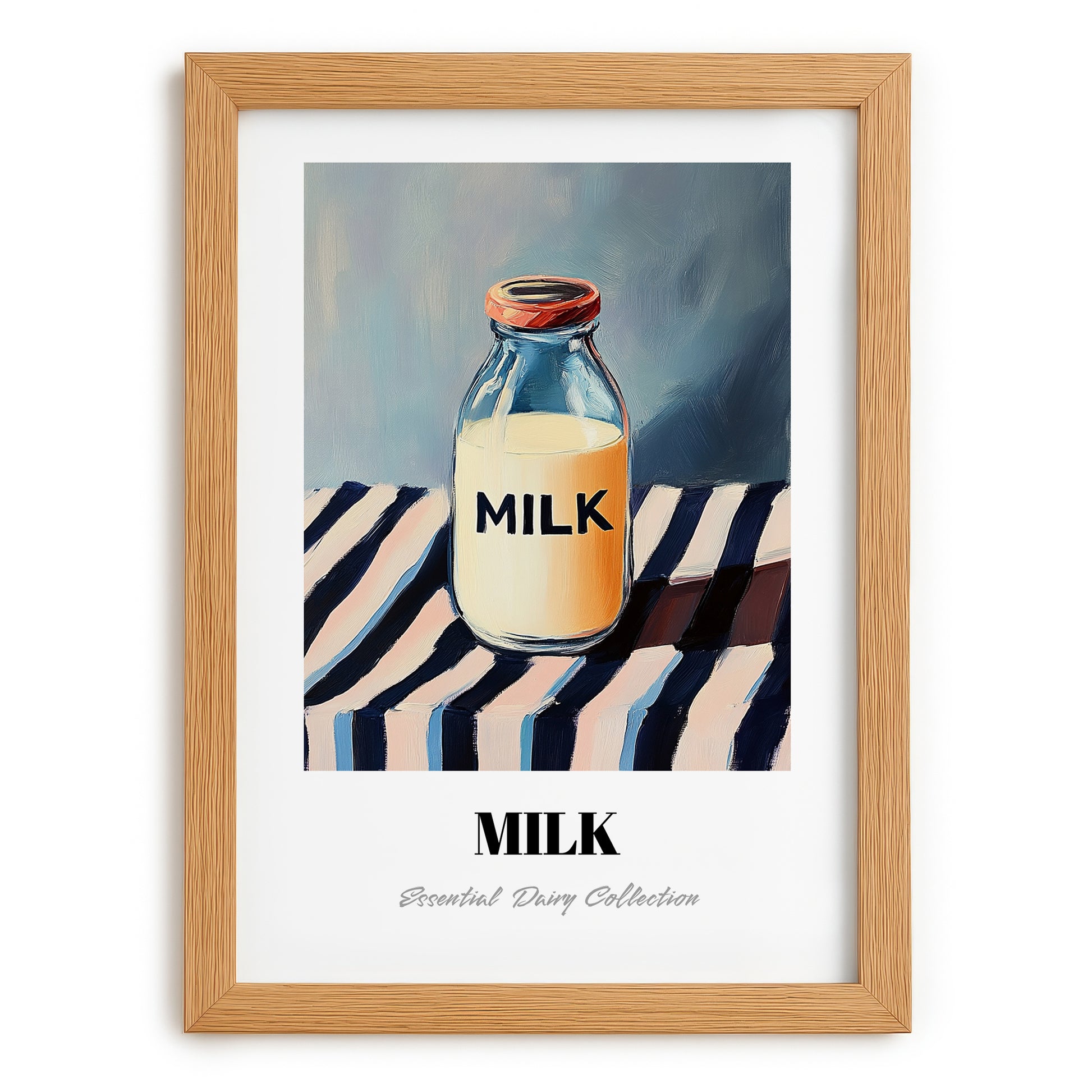 Milk – on Striped Tablecloth, Dairy Painting, set in oak frame