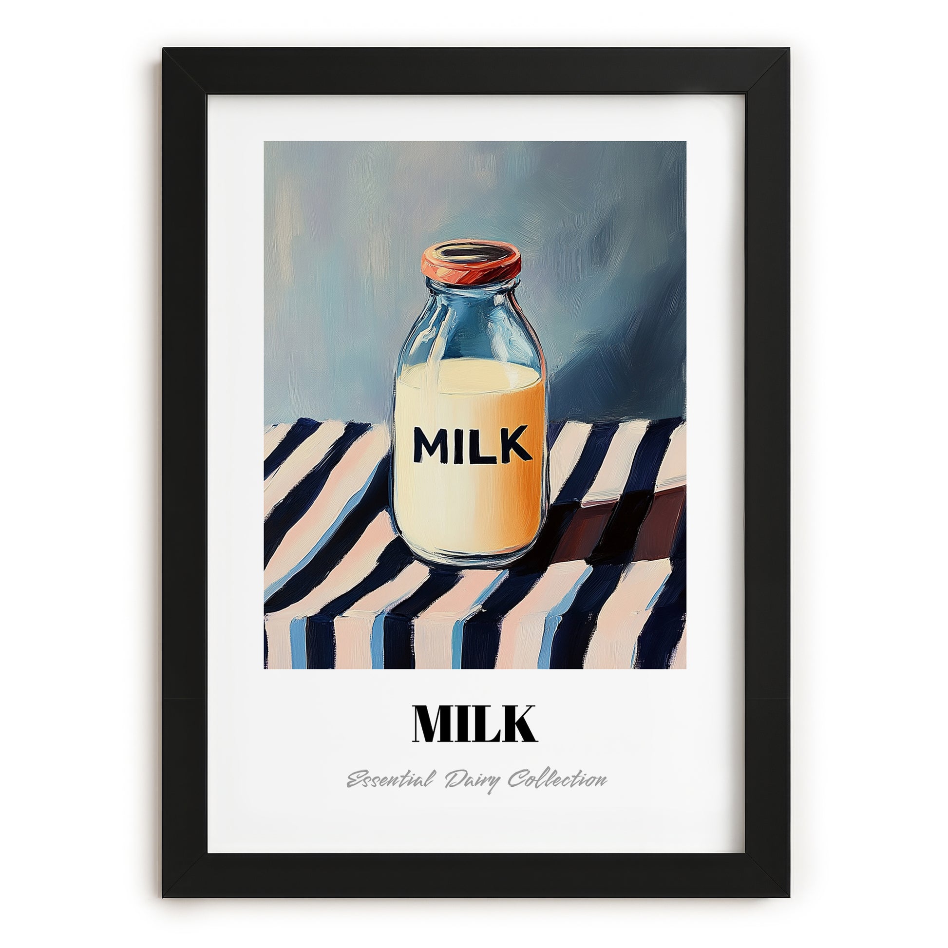 Milk – on Striped Tablecloth, Dairy Painting, in sleek black frame