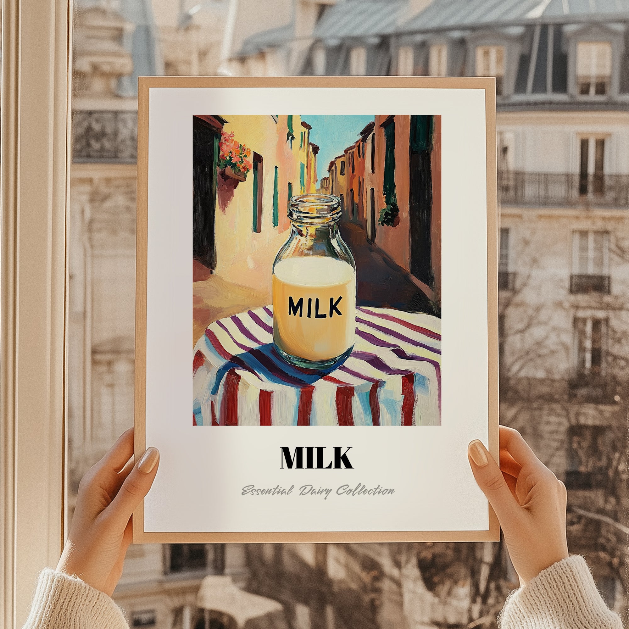 Milk – Italian Café on the Corner, Dairy Painting, styled in a charming Paris street view