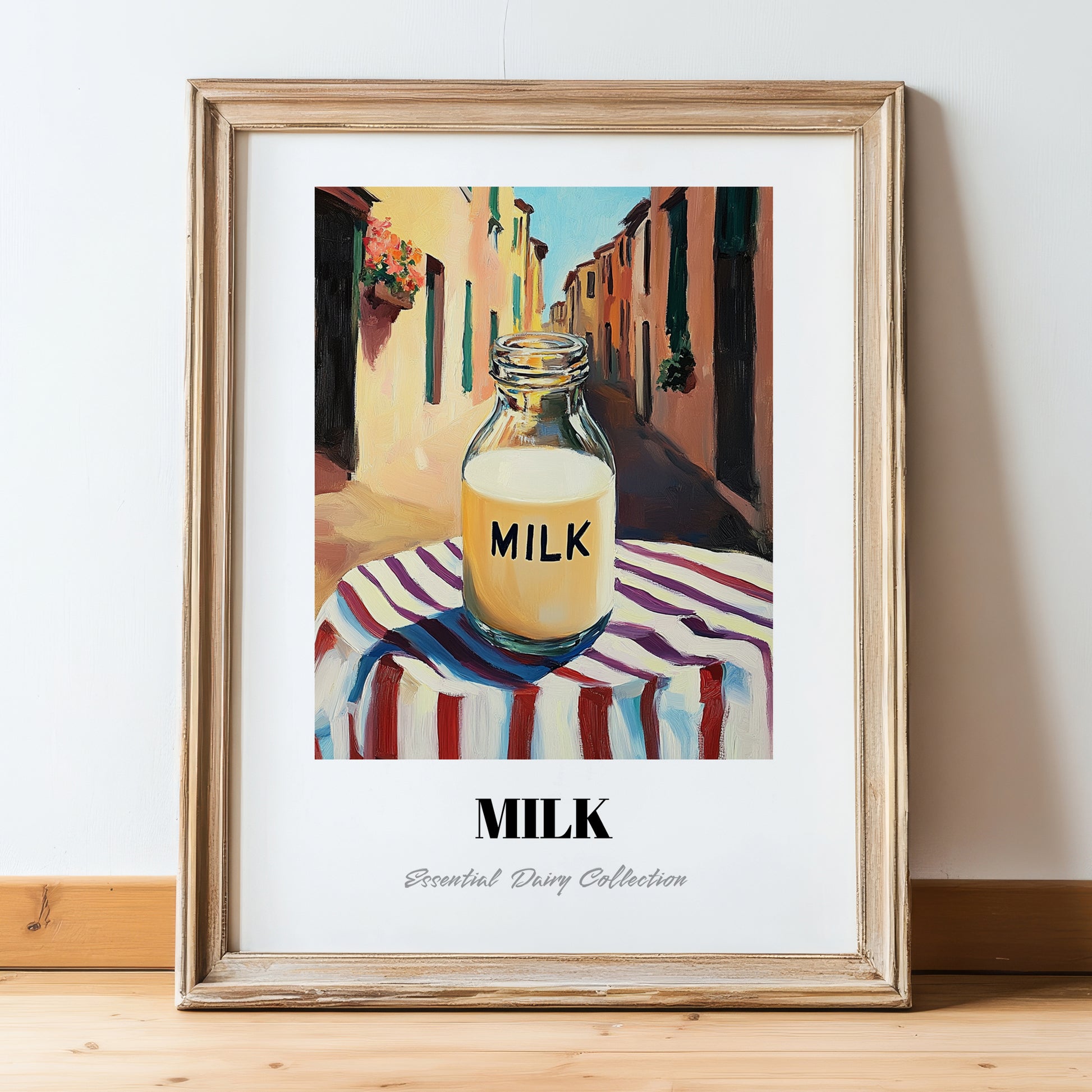 Milk – Italian Café on the Corner, Dairy Painting, in wooden frame leaning on the floor