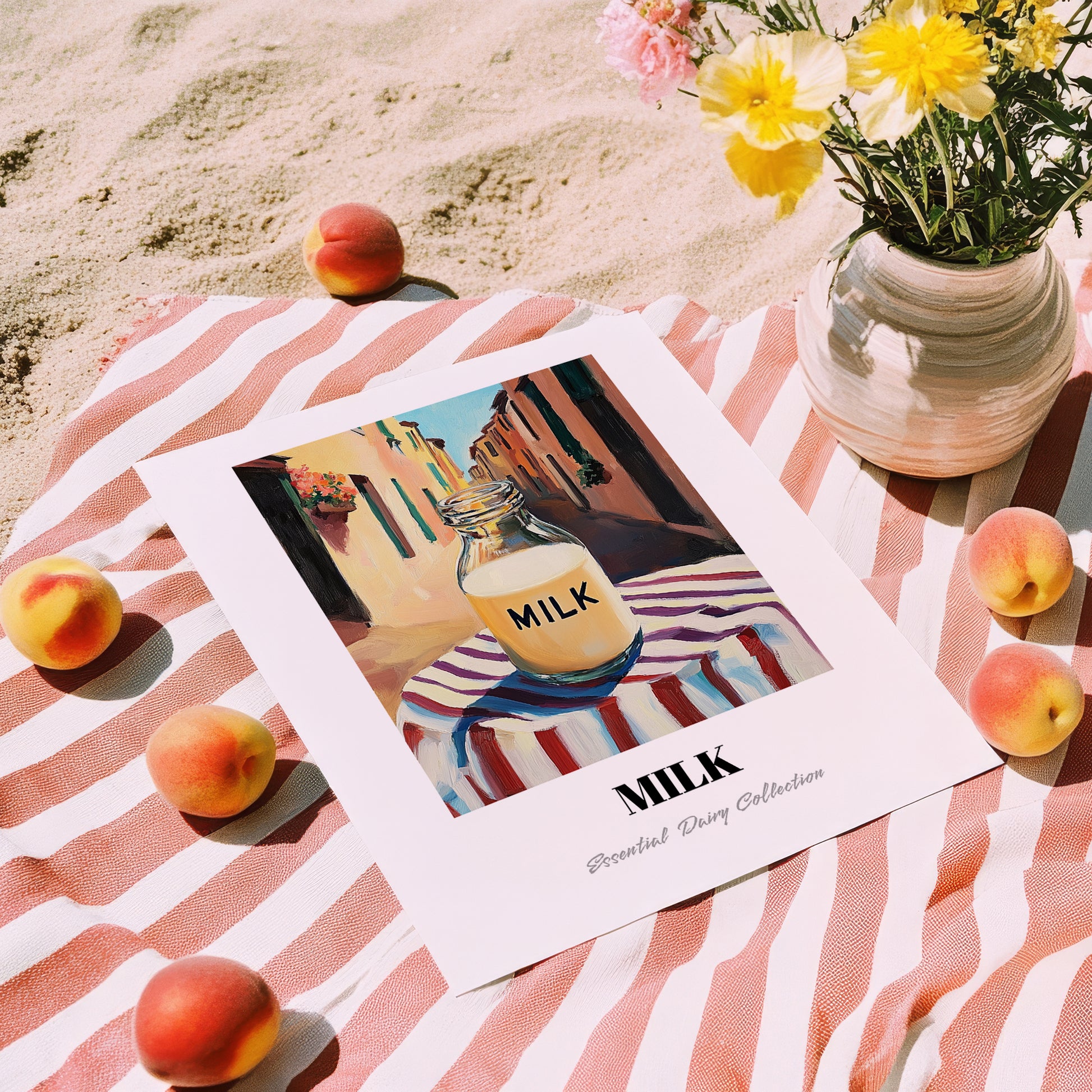 Milk – Italian Café on the Corner, Dairy Painting, unframed on coastal sand