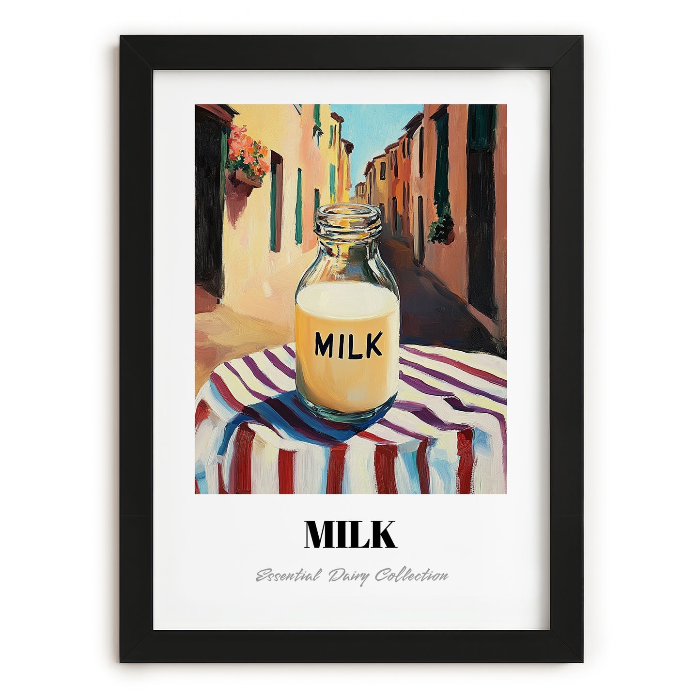 Milk – Italian Café on the Corner, Dairy Painting, in sleek black frame