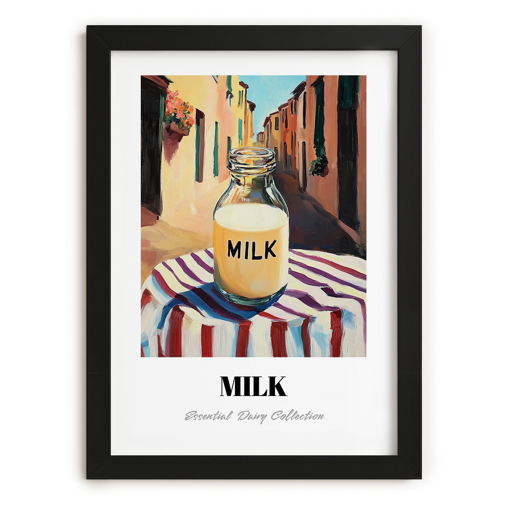 Milk – Italian Café on the Corner, Dairy Painting, in sleek black frame