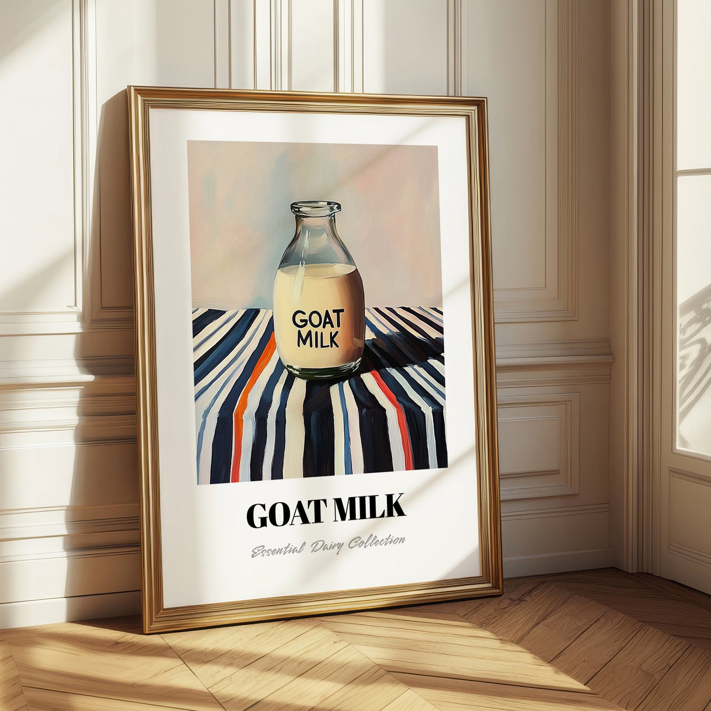 Goat Milk – on Striped Tablecloth, Dairy Art