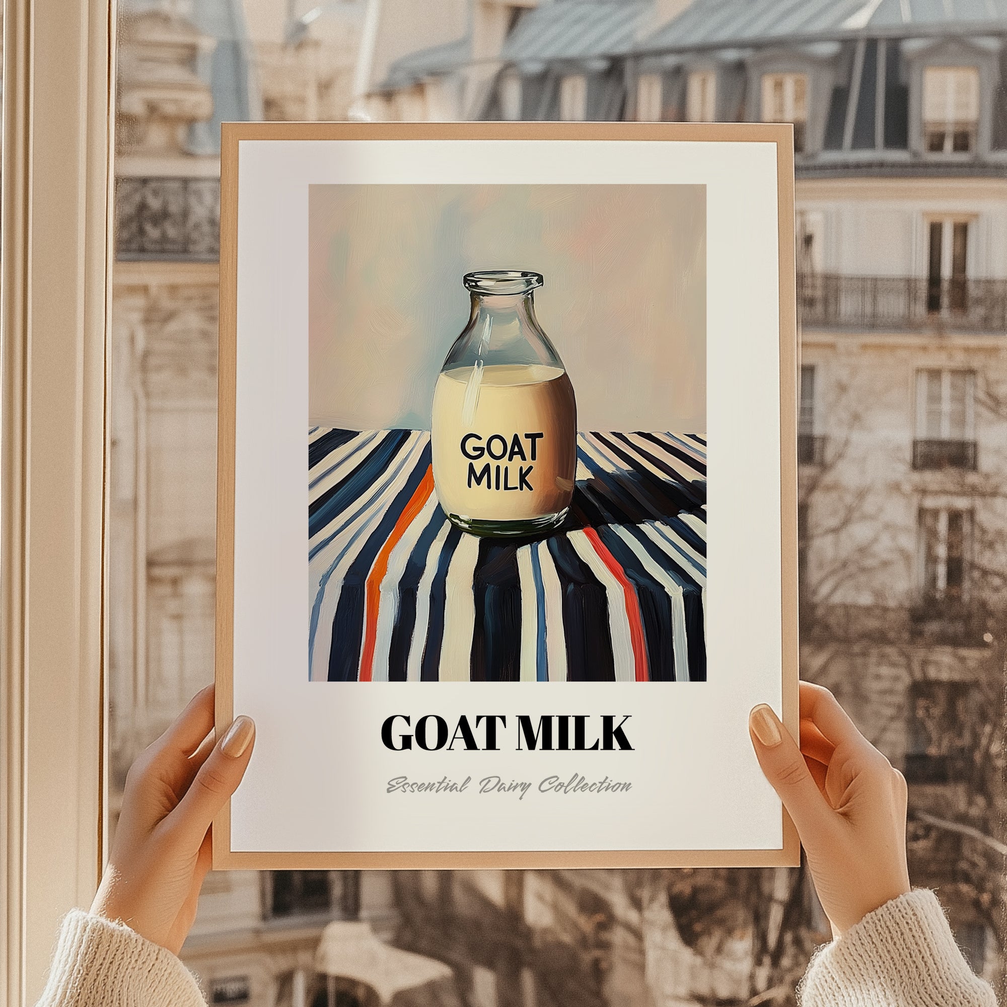 Goat Milk – on Striped Tablecloth, Dairy Art, styled in a charming Paris street view