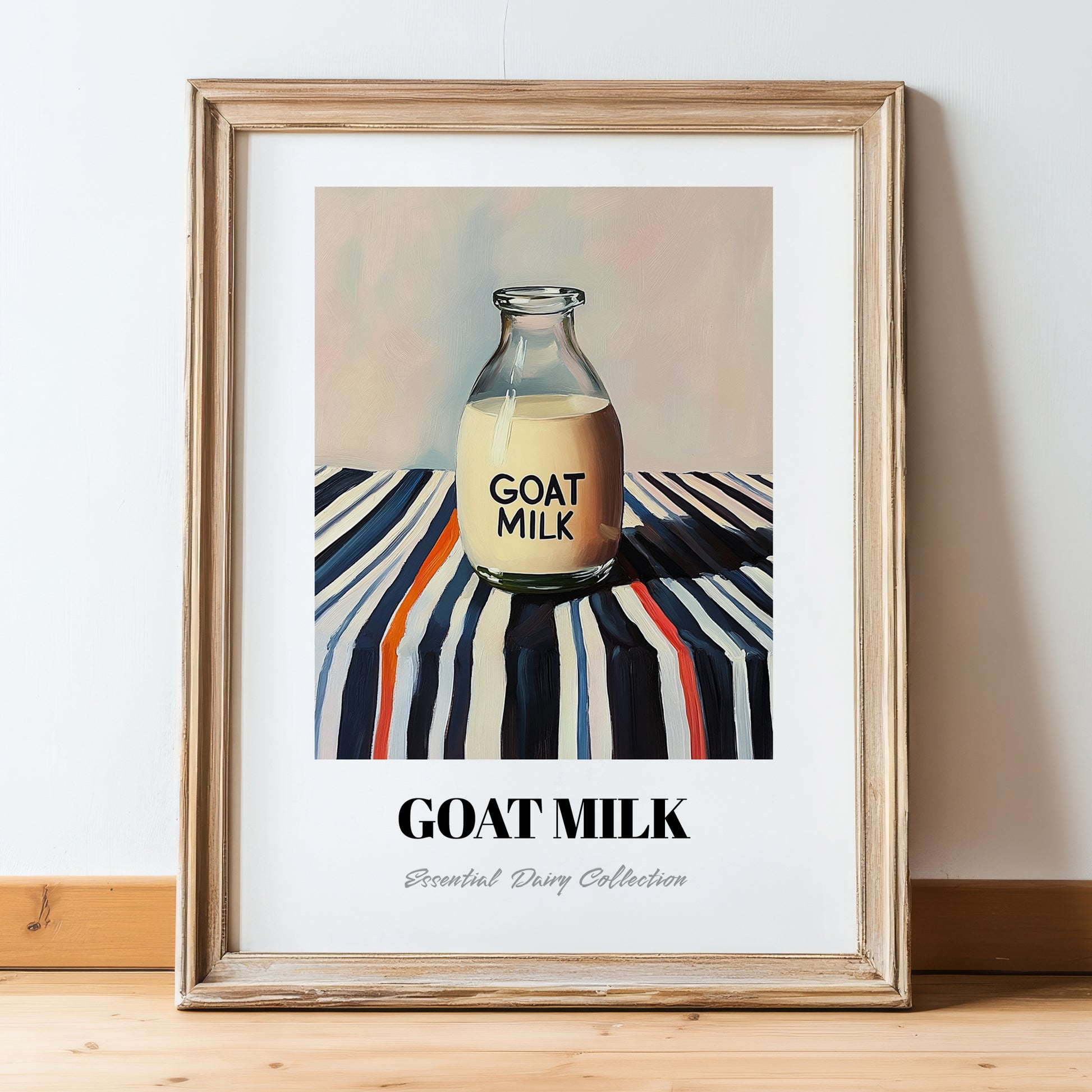 Goat Milk – on Striped Tablecloth, Dairy Art, in wooden frame leaning on the floor