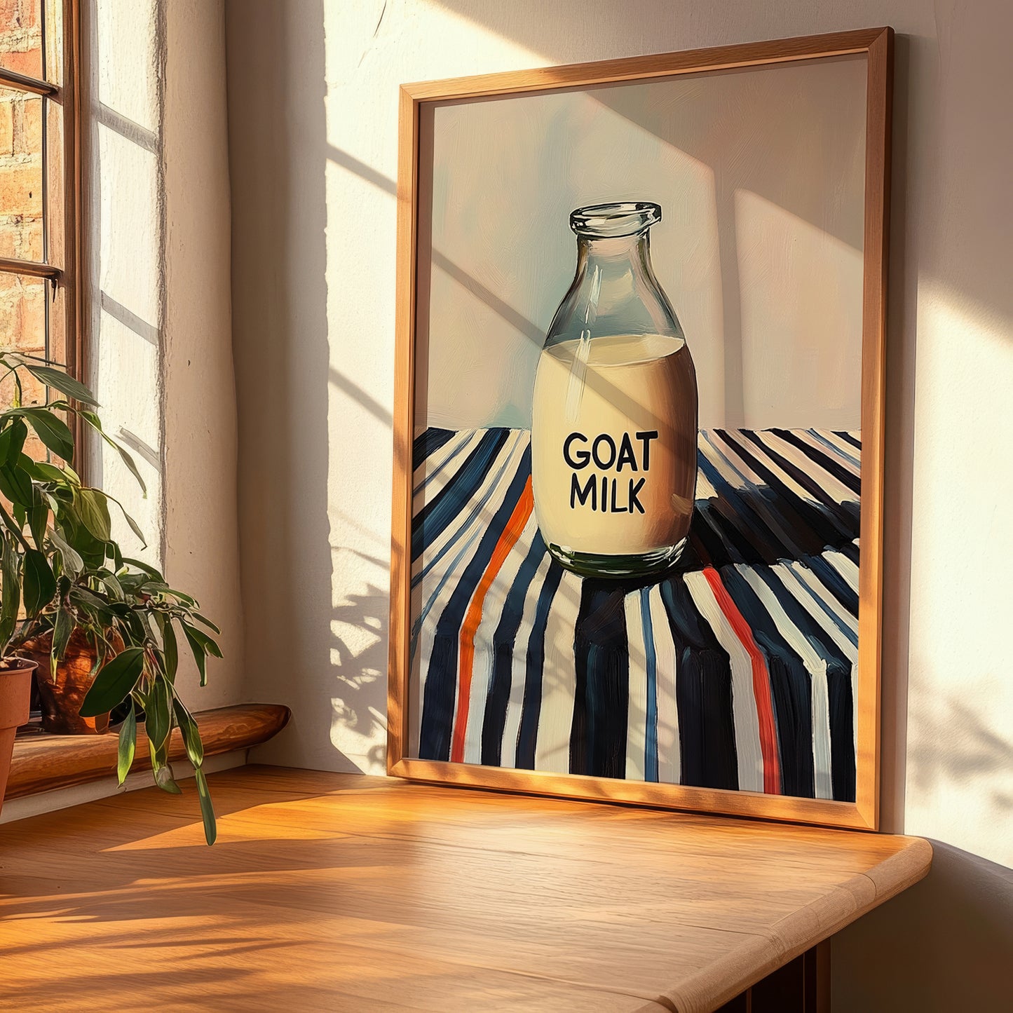 Goat Milk – on Striped Tablecloth, Dairy Art, clean layout with no caption